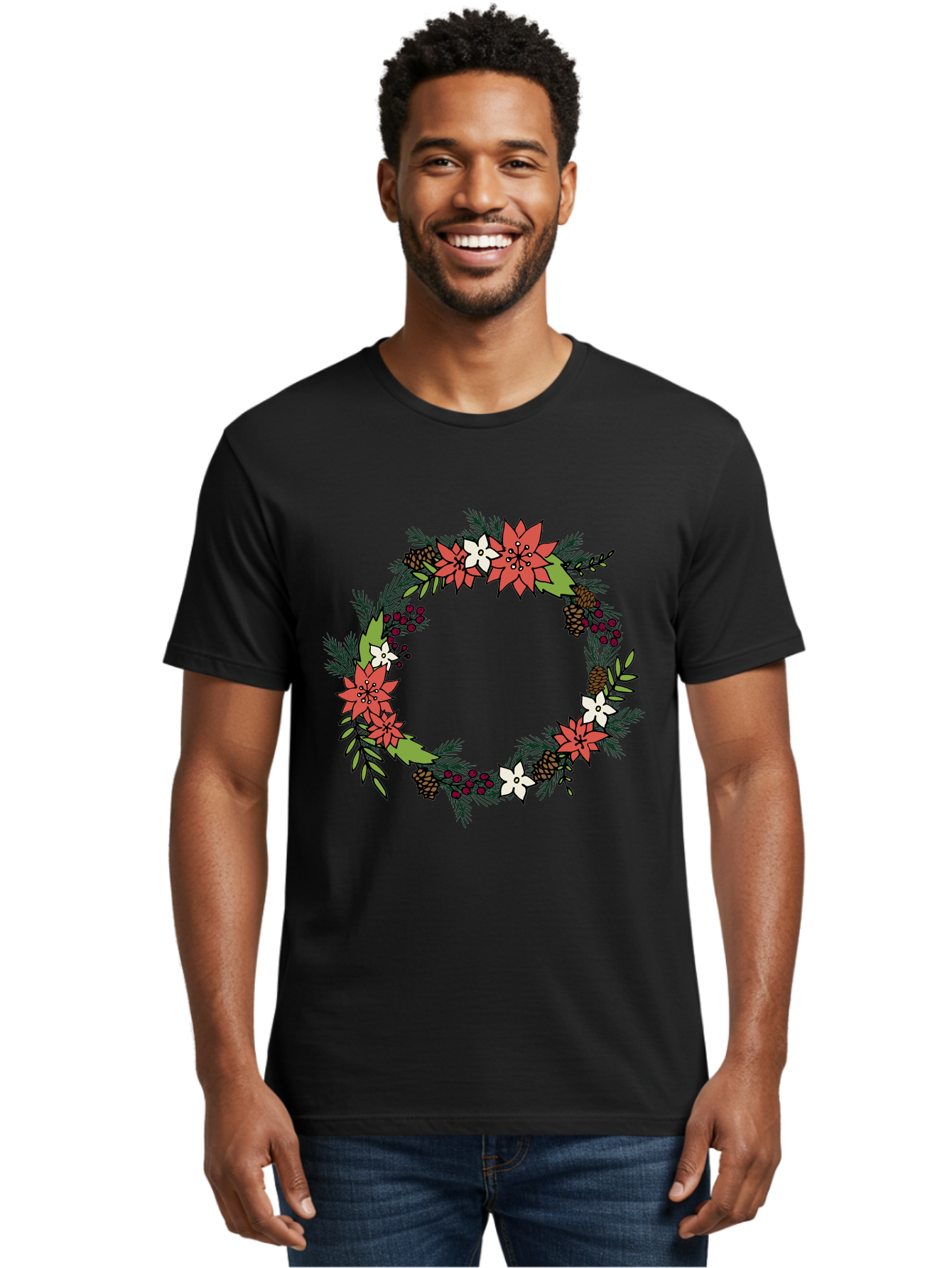 Christmas-Wreath Men'S Graphic Tee, 100% Cotton, Comfortable Casual Summer Wear, Machine Washable, Christmas Wreath, Holiday Decor, Festive Flowers, Red And White Blooms, Pinecones, Evergreen Branches, Seasonal Decoration, -  Aaa831