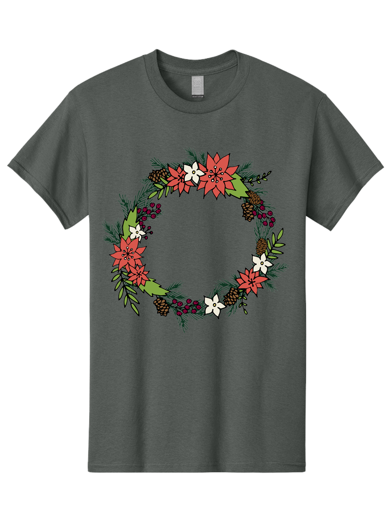 Christmas-Wreath Men'S Graphic Tee, 100% Cotton, Comfortable Casual Summer Wear, Machine Washable, Christmas Wreath, Holiday Decor, Festive Flowers, Red And White Blooms, Pinecones, Evergreen Branches, Seasonal Decoration, -  Aaa831