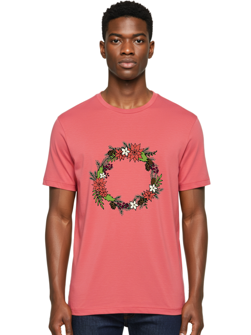 Christmas-Wreath Men'S Graphic Tee, 100% Cotton, Comfortable Casual Summer Wear, Machine Washable, Christmas Wreath, Holiday Decor, Festive Flowers, Red And White Blooms, Pinecones, Evergreen Branches, Seasonal Decoration, -  Aaa831