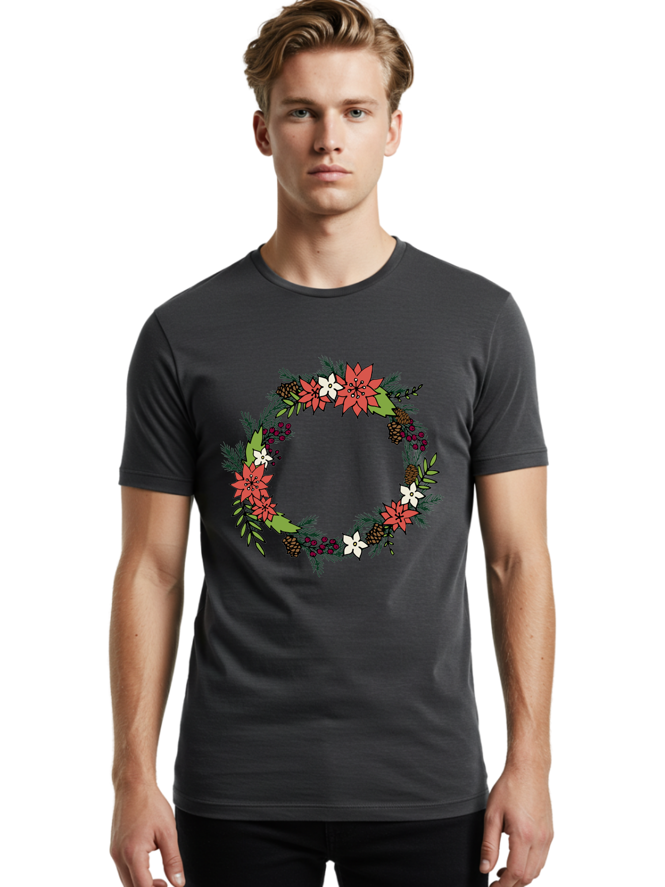 Christmas-Wreath Men'S Graphic Tee, 100% Cotton, Comfortable Casual Summer Wear, Machine Washable, Christmas Wreath, Holiday Decor, Festive Flowers, Red And White Blooms, Pinecones, Evergreen Branches, Seasonal Decoration, -  Aaa831