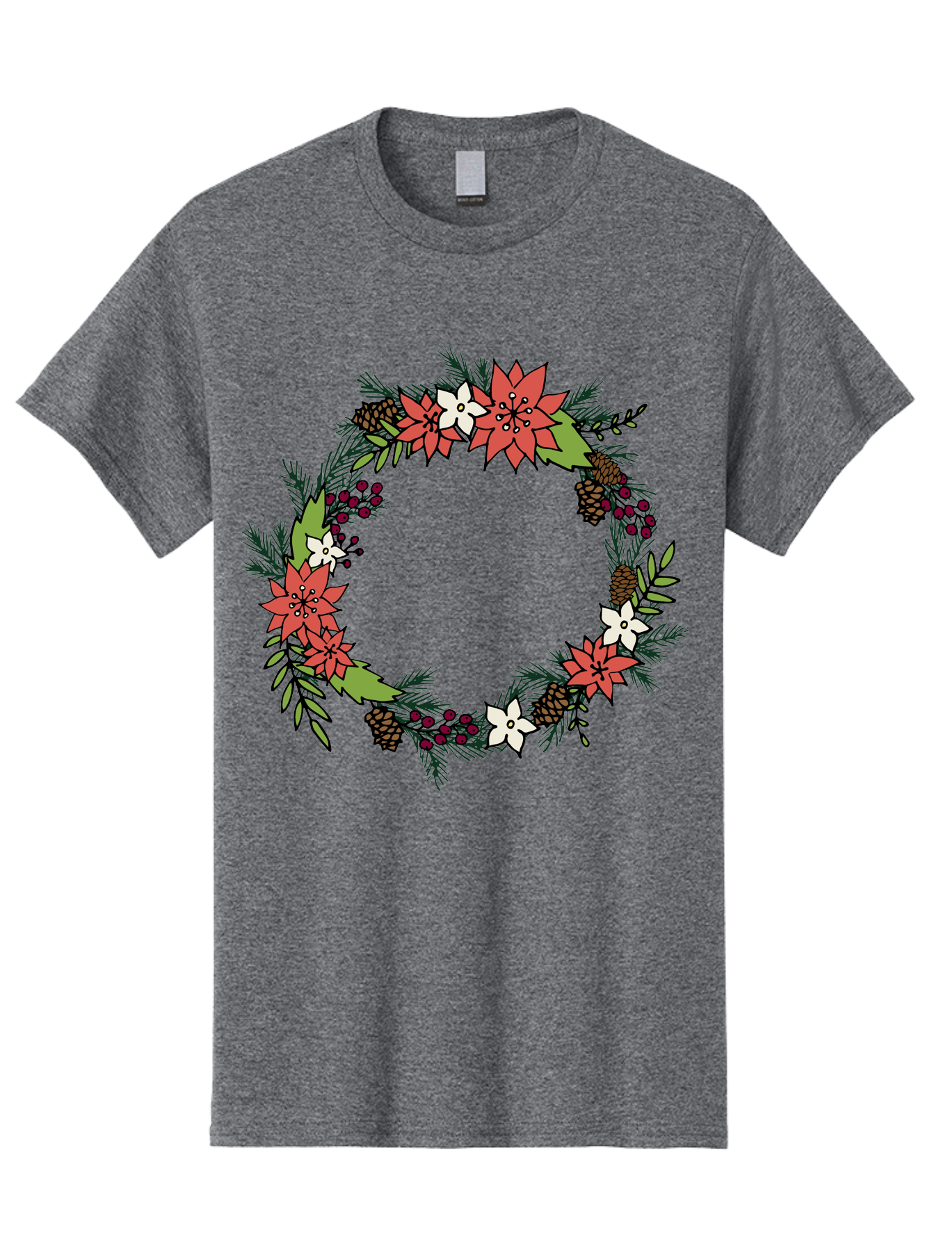 Christmas-Wreath Men'S Graphic Tee, 100% Cotton, Comfortable Casual Summer Wear, Machine Washable, Christmas Wreath, Holiday Decor, Festive Flowers, Red And White Blooms, Pinecones, Evergreen Branches, Seasonal Decoration, -  Aaa831