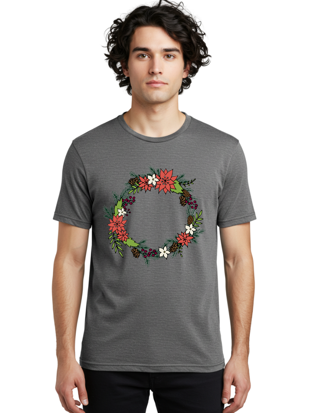 Christmas-Wreath Men'S Graphic Tee, 100% Cotton, Comfortable Casual Summer Wear, Machine Washable, Christmas Wreath, Holiday Decor, Festive Flowers, Red And White Blooms, Pinecones, Evergreen Branches, Seasonal Decoration, -  Aaa831