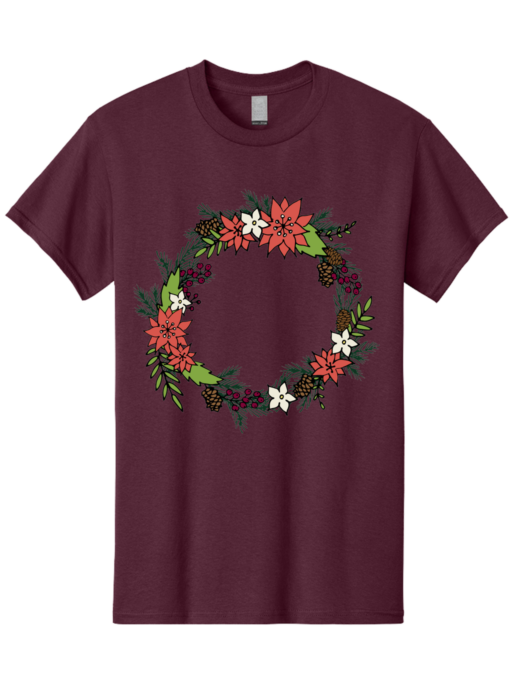Christmas-Wreath Men'S Graphic Tee, 100% Cotton, Comfortable Casual Summer Wear, Machine Washable, Christmas Wreath, Holiday Decor, Festive Flowers, Red And White Blooms, Pinecones, Evergreen Branches, Seasonal Decoration, -  Aaa831