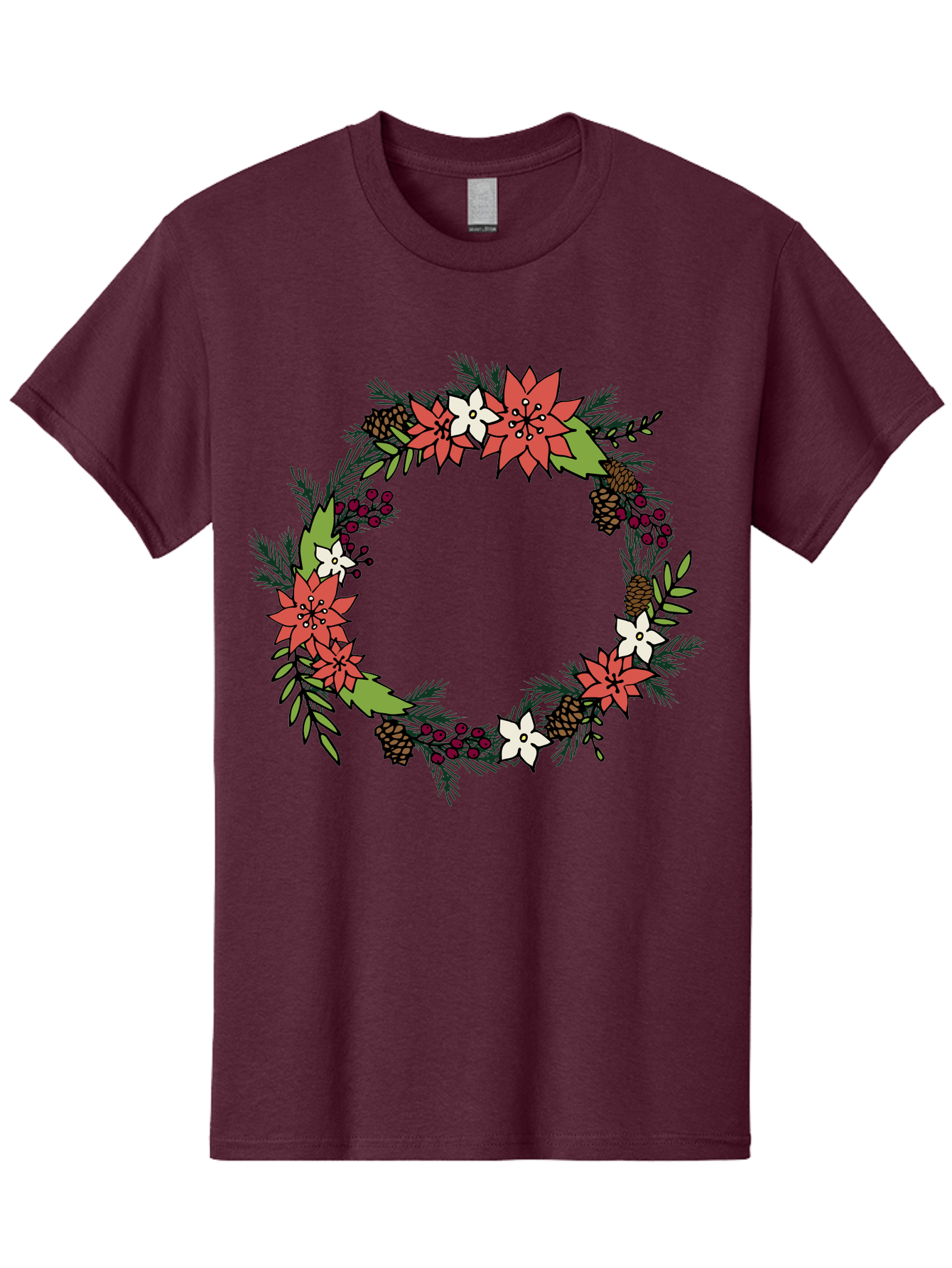 Christmas-Wreath Men'S Graphic Tee, 100% Cotton, Comfortable Casual Summer Wear, Machine Washable, Christmas Wreath, Holiday Decor, Festive Flowers, Red And White Blooms, Pinecones, Evergreen Branches, Seasonal Decoration, -  Aaa831