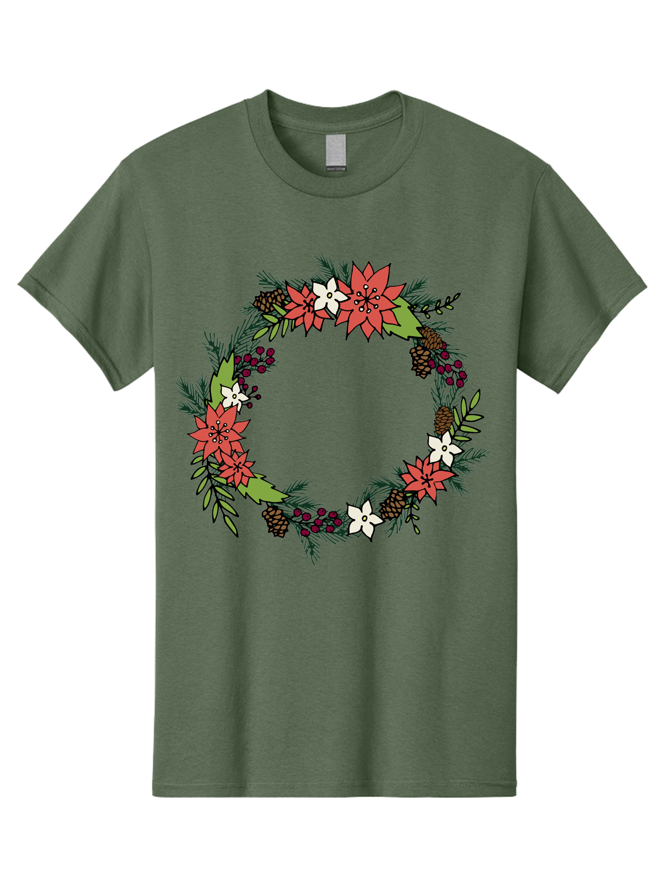 Christmas-Wreath Men'S Graphic Tee, 100% Cotton, Comfortable Casual Summer Wear, Machine Washable, Christmas Wreath, Holiday Decor, Festive Flowers, Red And White Blooms, Pinecones, Evergreen Branches, Seasonal Decoration, -  Aaa831