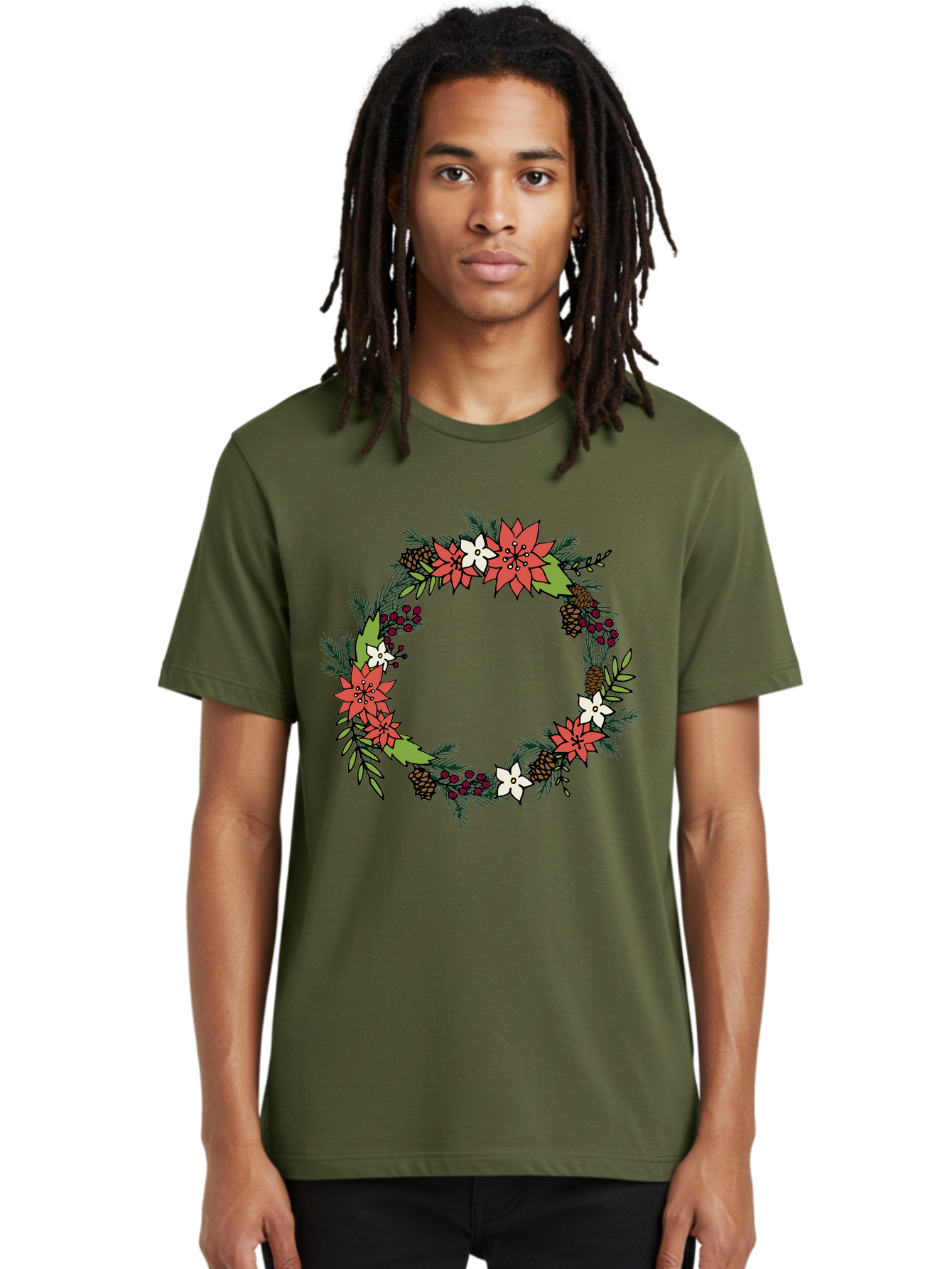 Christmas-Wreath Men'S Graphic Tee, 100% Cotton, Comfortable Casual Summer Wear, Machine Washable, Christmas Wreath, Holiday Decor, Festive Flowers, Red And White Blooms, Pinecones, Evergreen Branches, Seasonal Decoration, -  Aaa831