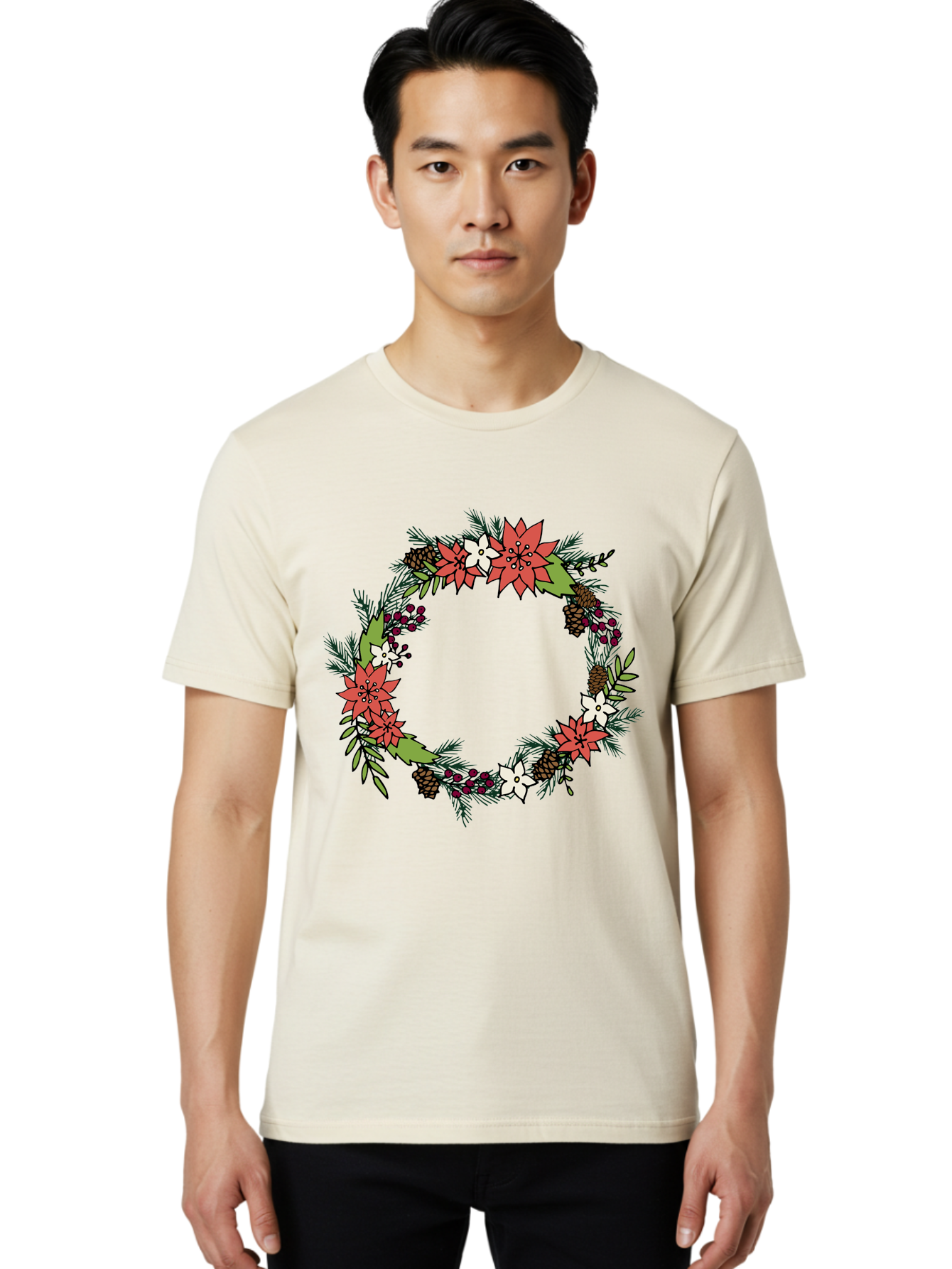 Christmas-Wreath Men'S Graphic Tee, 100% Cotton, Comfortable Casual Summer Wear, Machine Washable, Christmas Wreath, Holiday Decor, Festive Flowers, Red And White Blooms, Pinecones, Evergreen Branches, Seasonal Decoration, -  Aaa831