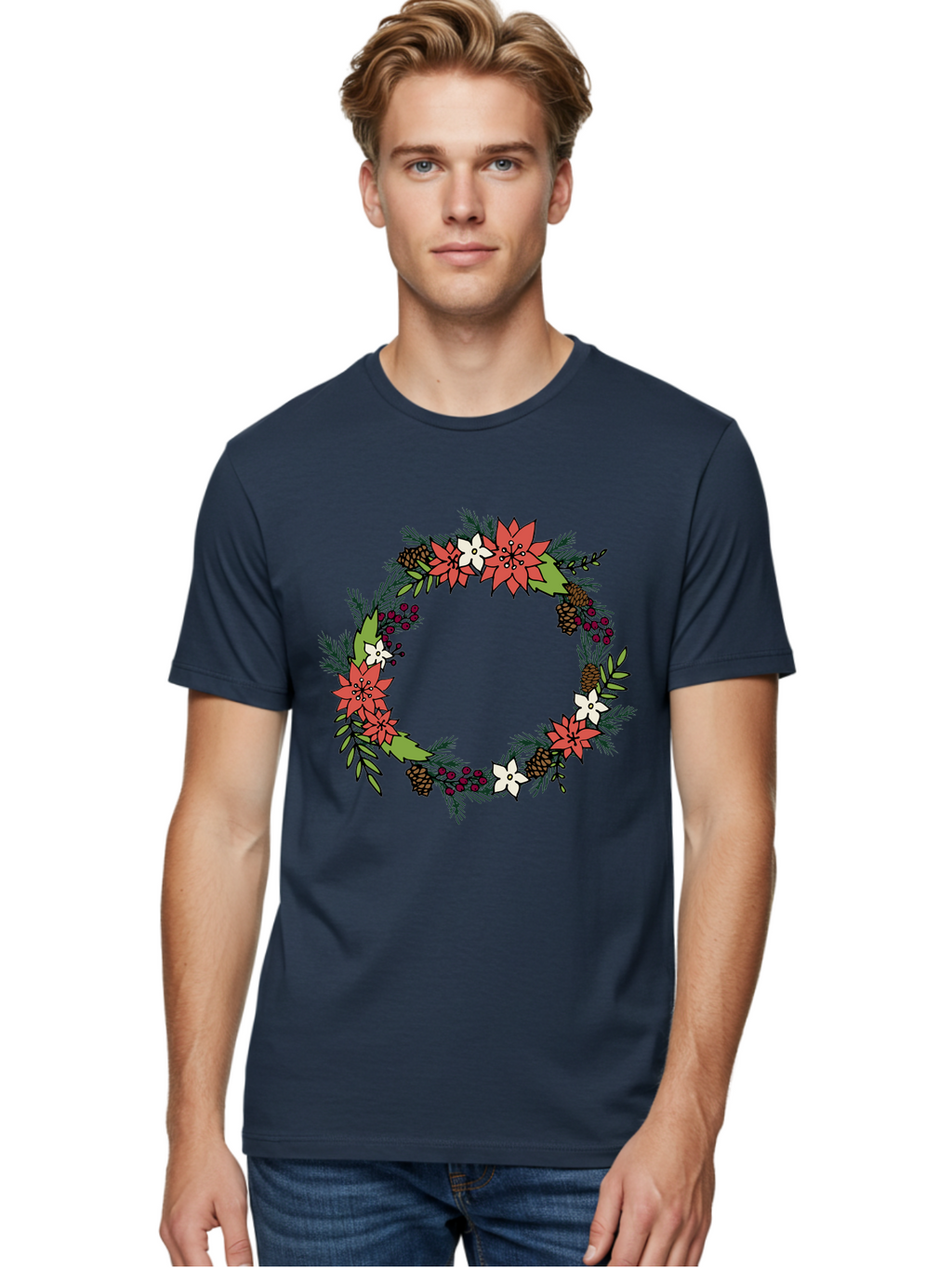 Christmas-Wreath Men'S Graphic Tee, 100% Cotton, Comfortable Casual Summer Wear, Machine Washable, Christmas Wreath, Holiday Decor, Festive Flowers, Red And White Blooms, Pinecones, Evergreen Branches, Seasonal Decoration, -  Aaa831