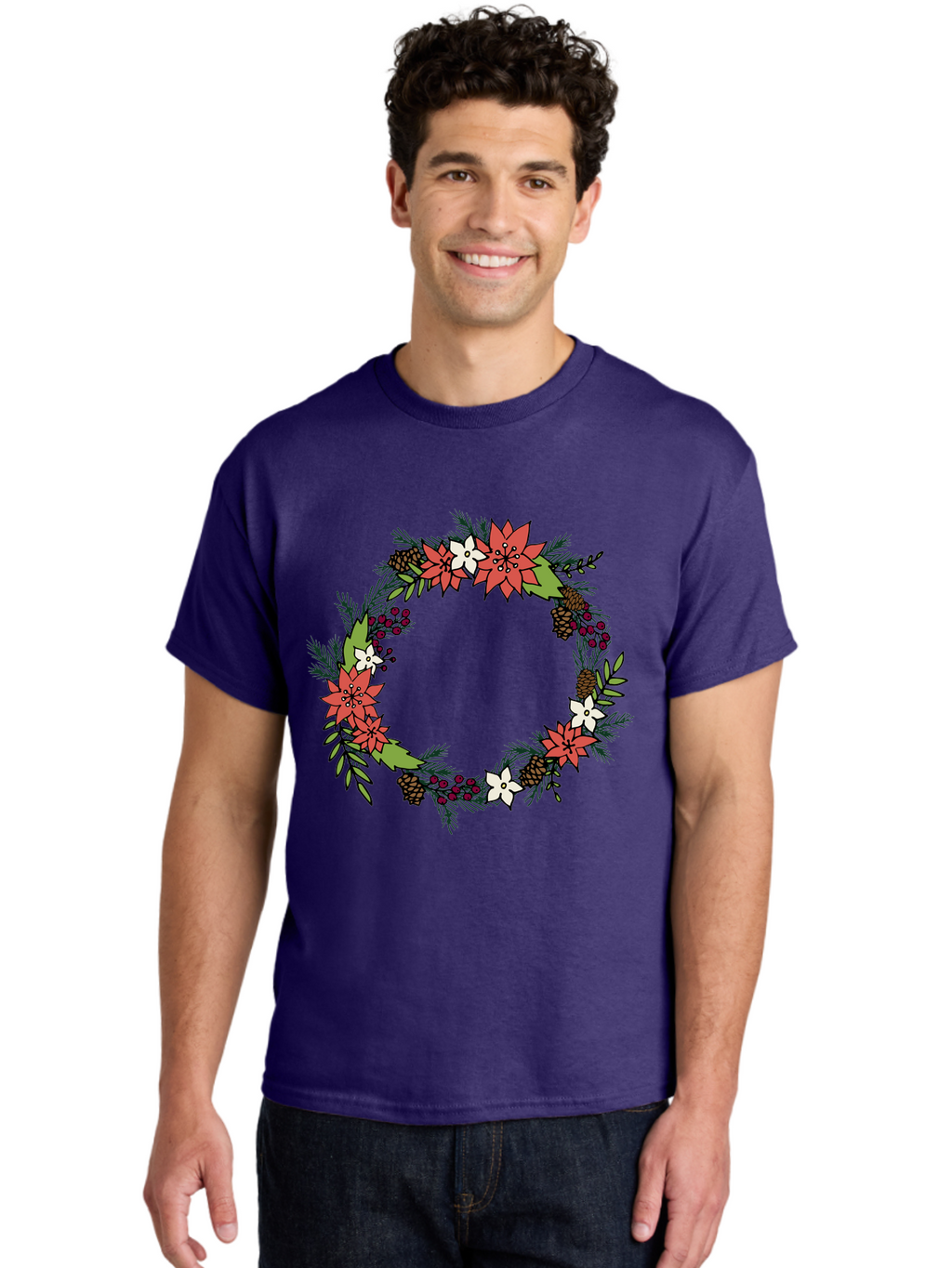 Christmas-Wreath Men'S Graphic Tee, 100% Cotton, Comfortable Casual Summer Wear, Machine Washable, Christmas Wreath, Holiday Decor, Festive Flowers, Red And White Blooms, Pinecones, Evergreen Branches, Seasonal Decoration, -  Aaa831