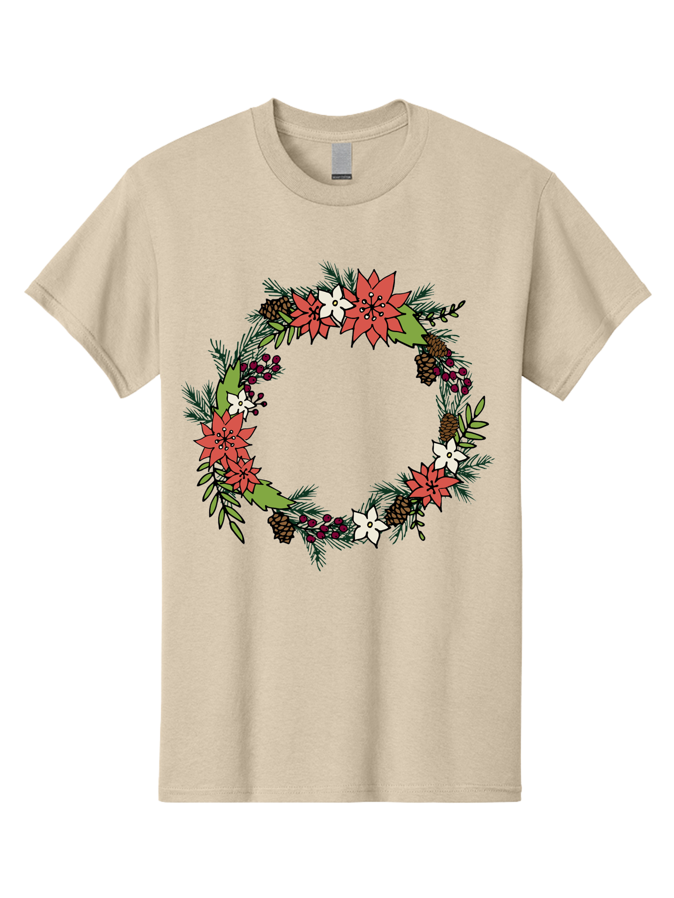 Christmas-Wreath Men'S Graphic Tee, 100% Cotton, Comfortable Casual Summer Wear, Machine Washable, Christmas Wreath, Holiday Decor, Festive Flowers, Red And White Blooms, Pinecones, Evergreen Branches, Seasonal Decoration, -  Aaa831