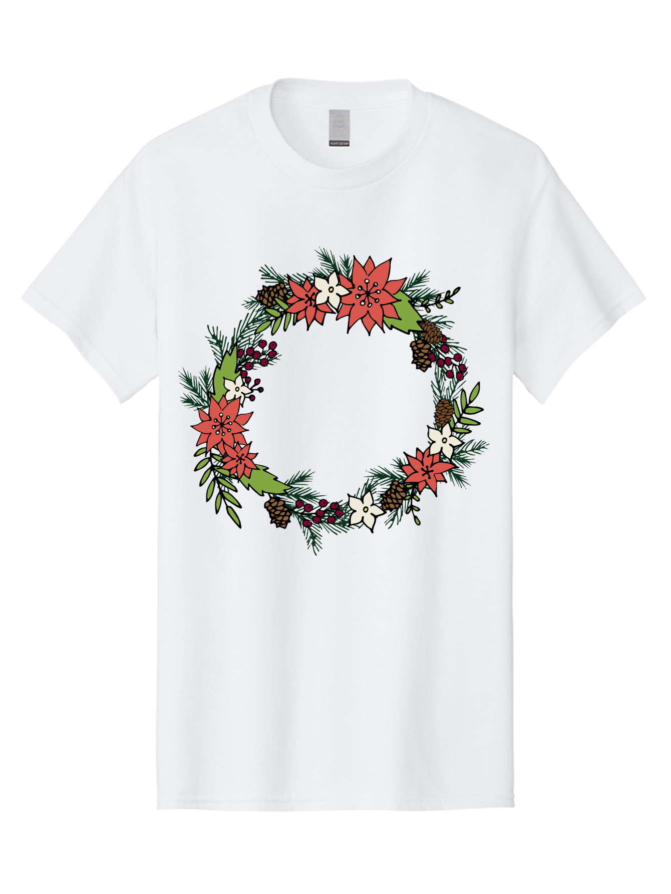 Christmas-Wreath Men'S Graphic Tee, 100% Cotton, Comfortable Casual Summer Wear, Machine Washable, Christmas Wreath, Holiday Decor, Festive Flowers, Red And White Blooms, Pinecones, Evergreen Branches, Seasonal Decoration, -  Aaa831