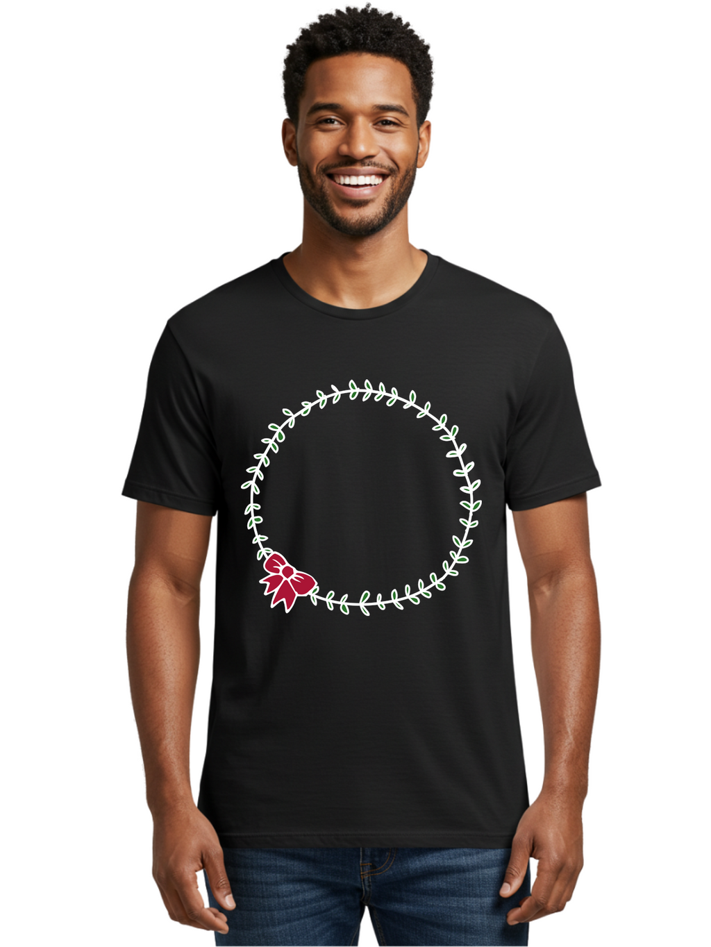 Circular-Wreath-With-Red-Bow Men'S Graphic Tee, 100% Cotton, Comfortable Casual Summer Wear, Machine Washable, Floral Wreath, White Leaves, Red Bow, Decorative Frame, Circular Design, Elegant Border, Festive Decoration, Minimalist Style, -  Aaa835
