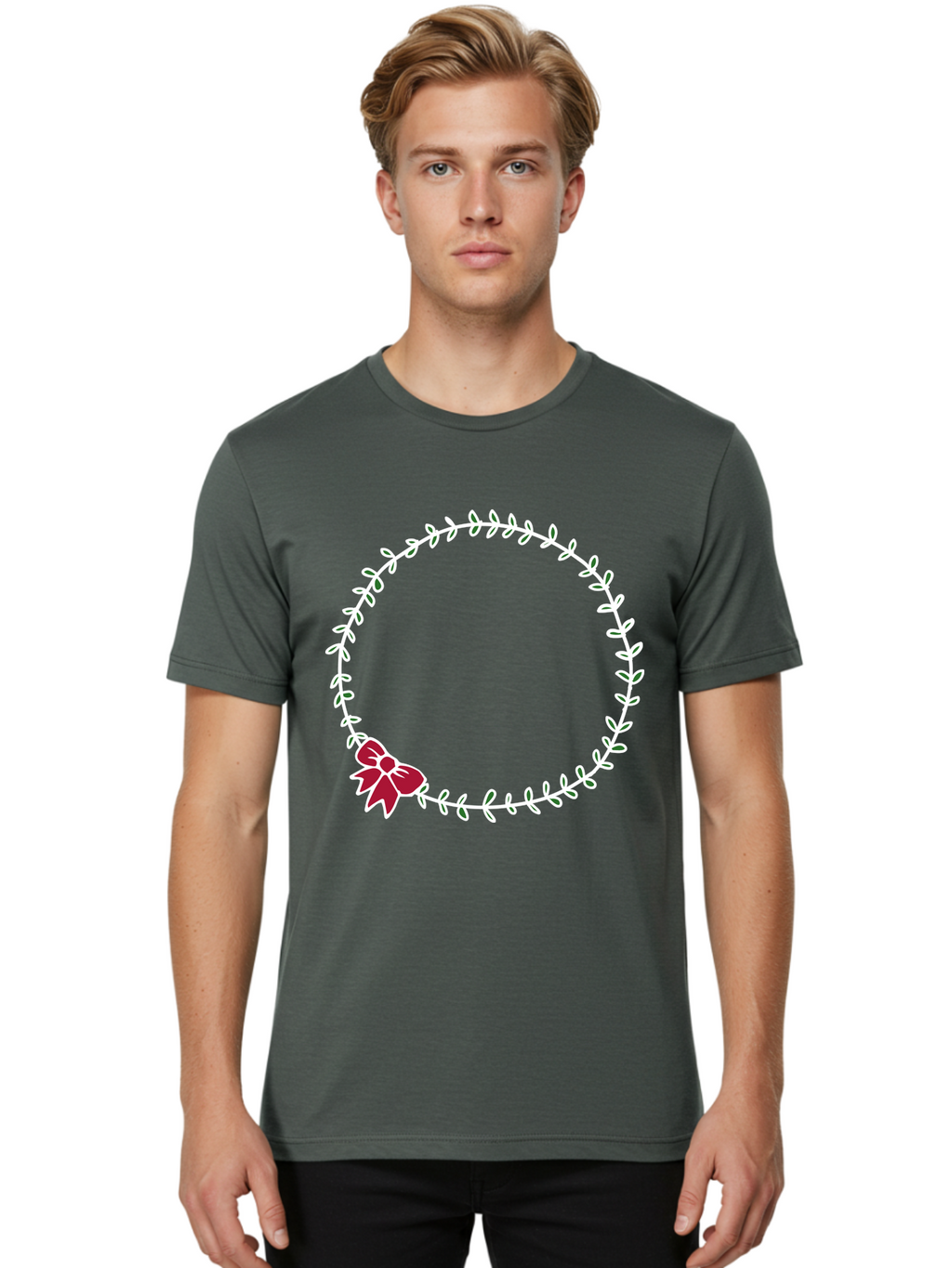 Circular-Wreath-With-Red-Bow Men'S Graphic Tee, 100% Cotton, Comfortable Casual Summer Wear, Machine Washable, Floral Wreath, White Leaves, Red Bow, Decorative Frame, Circular Design, Elegant Border, Festive Decoration, Minimalist Style, -  Aaa835