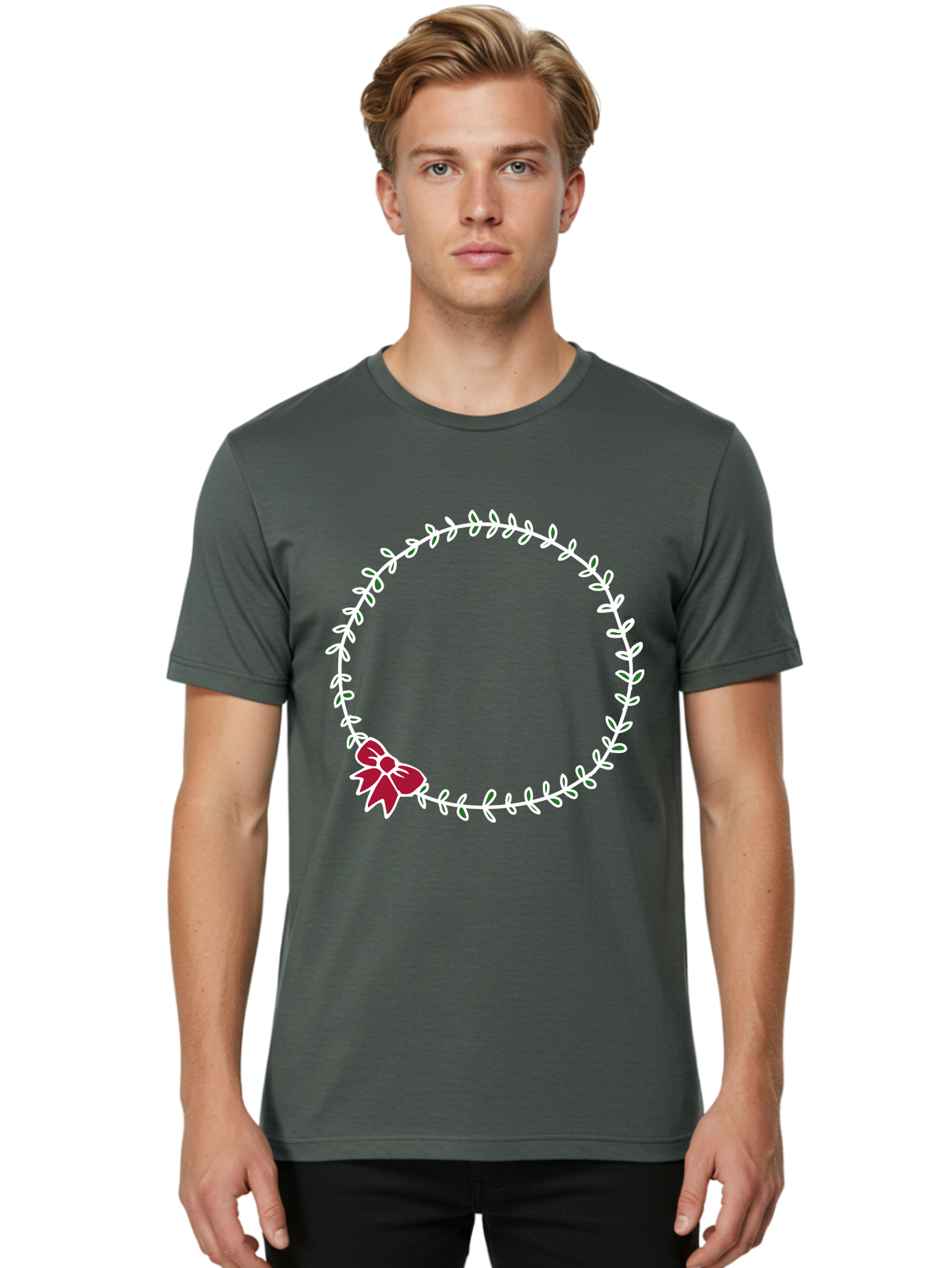 Circular-Wreath-With-Red-Bow Men'S Graphic Tee, 100% Cotton, Comfortable Casual Summer Wear, Machine Washable, Floral Wreath, White Leaves, Red Bow, Decorative Frame, Circular Design, Elegant Border, Festive Decoration, Minimalist Style, -  Aaa835