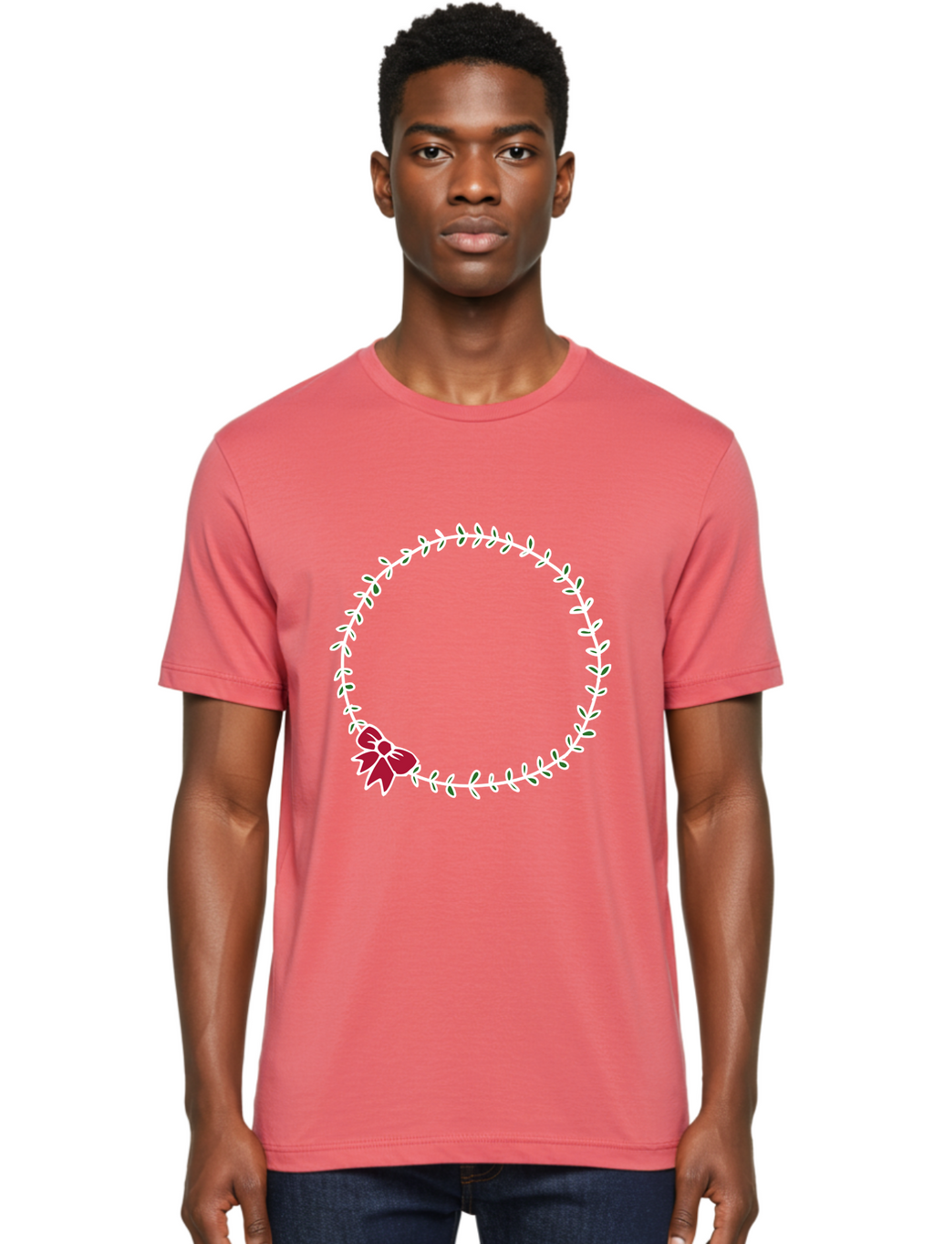 Circular-Wreath-With-Red-Bow Men'S Graphic Tee, 100% Cotton, Comfortable Casual Summer Wear, Machine Washable, Floral Wreath, White Leaves, Red Bow, Decorative Frame, Circular Design, Elegant Border, Festive Decoration, Minimalist Style, -  Aaa835