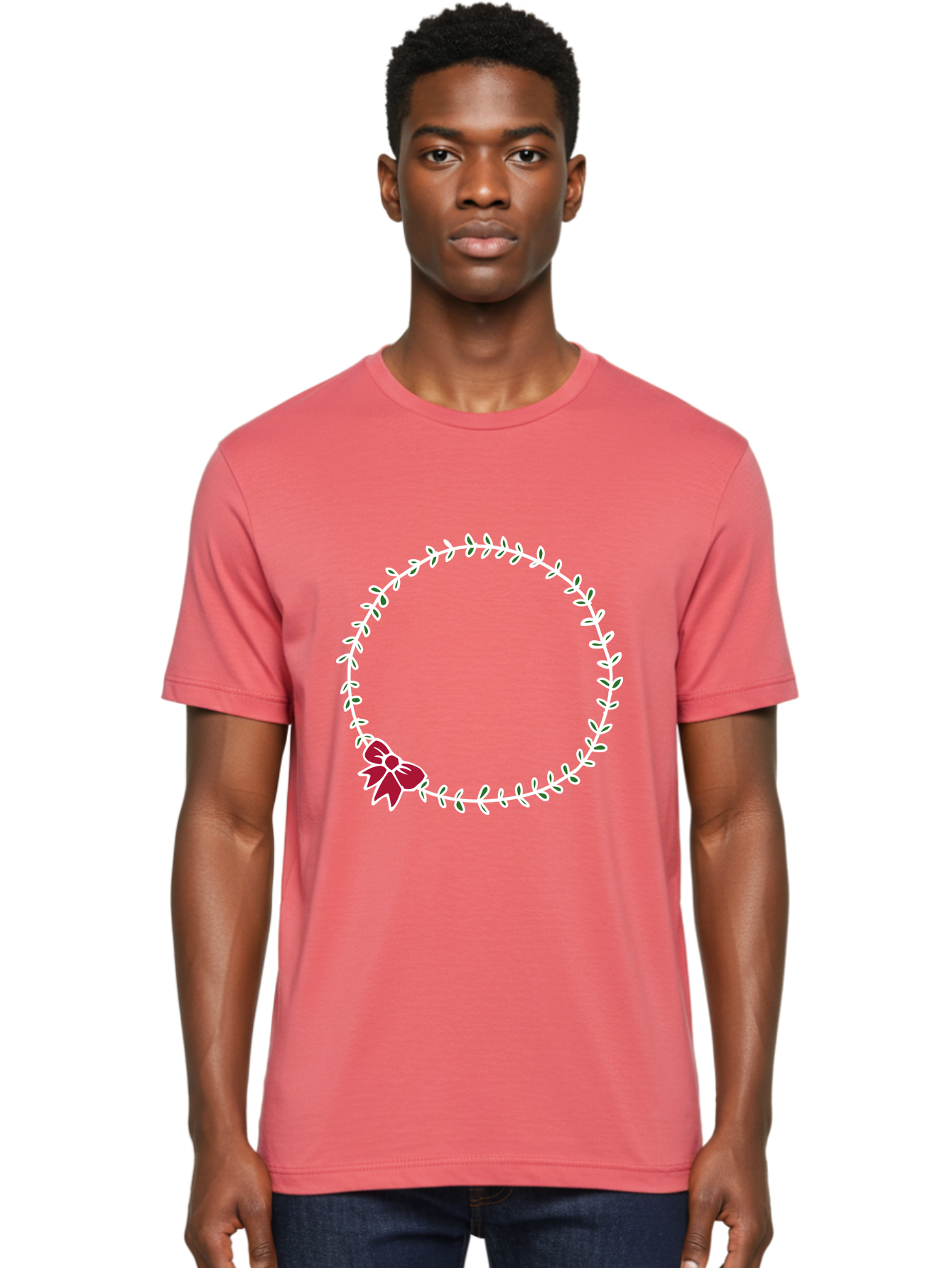 Circular-Wreath-With-Red-Bow Men'S Graphic Tee, 100% Cotton, Comfortable Casual Summer Wear, Machine Washable, Floral Wreath, White Leaves, Red Bow, Decorative Frame, Circular Design, Elegant Border, Festive Decoration, Minimalist Style, -  Aaa835