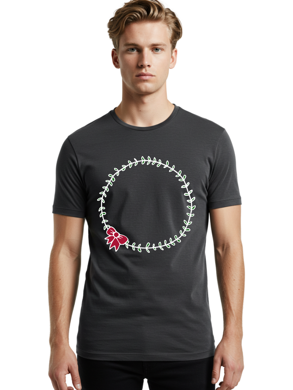 Circular-Wreath-With-Red-Bow Men'S Graphic Tee, 100% Cotton, Comfortable Casual Summer Wear, Machine Washable, Floral Wreath, White Leaves, Red Bow, Decorative Frame, Circular Design, Elegant Border, Festive Decoration, Minimalist Style, -  Aaa835