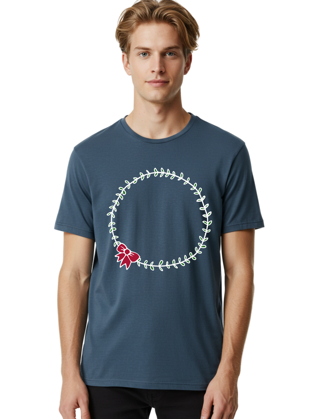 Circular-Wreath-With-Red-Bow Men'S Graphic Tee, 100% Cotton, Comfortable Casual Summer Wear, Machine Washable, Floral Wreath, White Leaves, Red Bow, Decorative Frame, Circular Design, Elegant Border, Festive Decoration, Minimalist Style, -  Aaa835