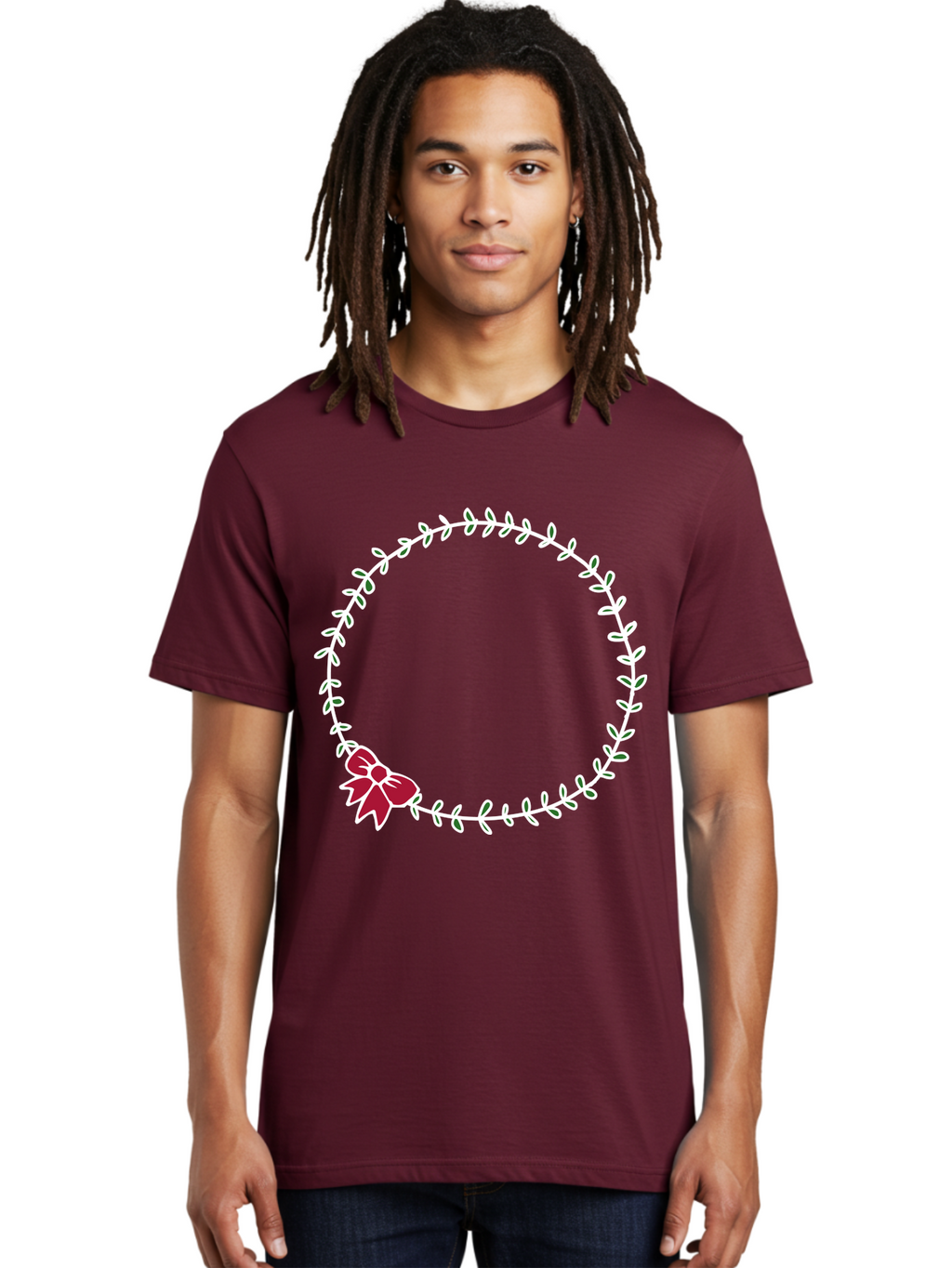 Circular-Wreath-With-Red-Bow Men'S Graphic Tee, 100% Cotton, Comfortable Casual Summer Wear, Machine Washable, Floral Wreath, White Leaves, Red Bow, Decorative Frame, Circular Design, Elegant Border, Festive Decoration, Minimalist Style, -  Aaa835