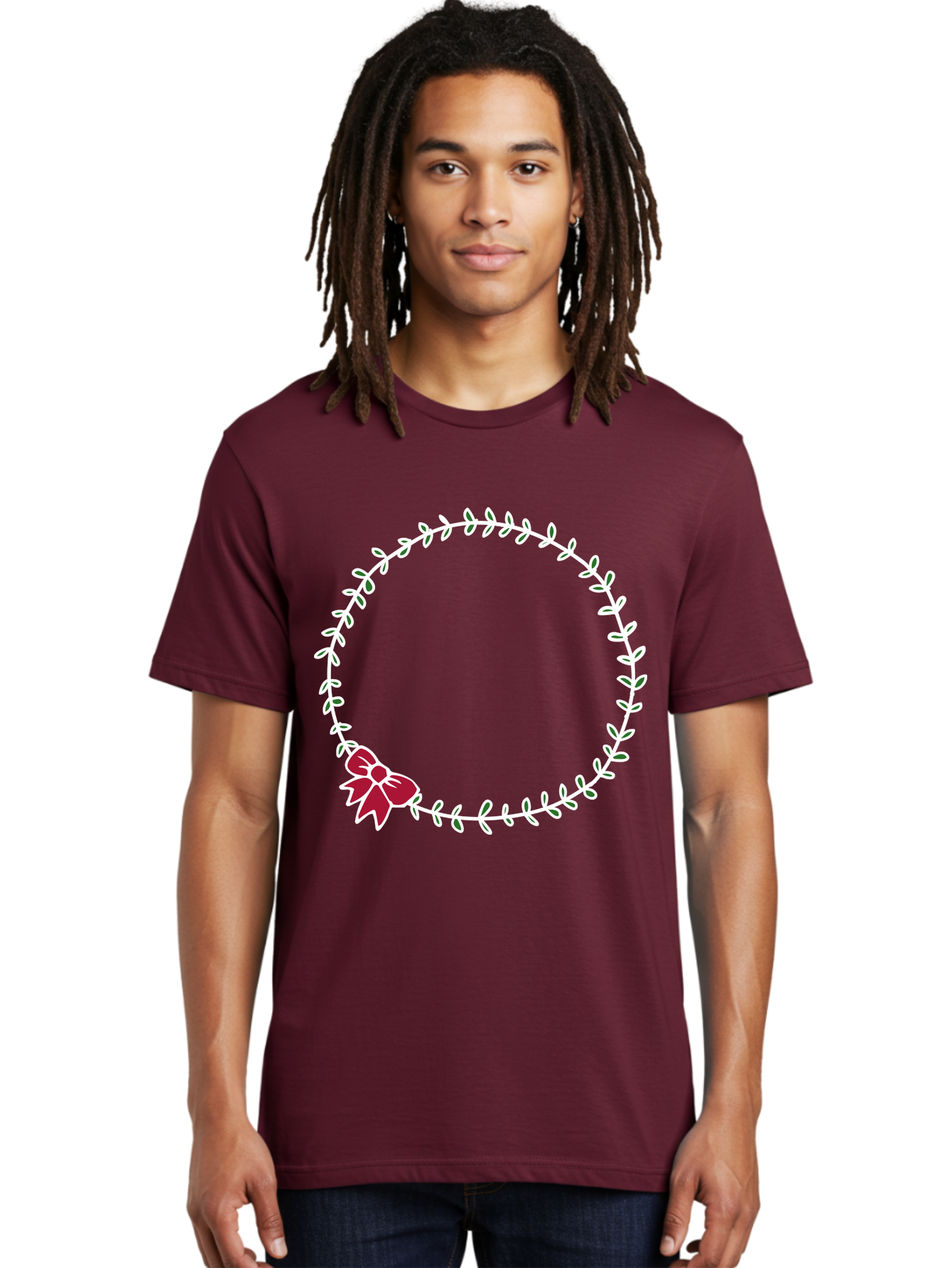 Circular-Wreath-With-Red-Bow Men'S Graphic Tee, 100% Cotton, Comfortable Casual Summer Wear, Machine Washable, Floral Wreath, White Leaves, Red Bow, Decorative Frame, Circular Design, Elegant Border, Festive Decoration, Minimalist Style, -  Aaa835