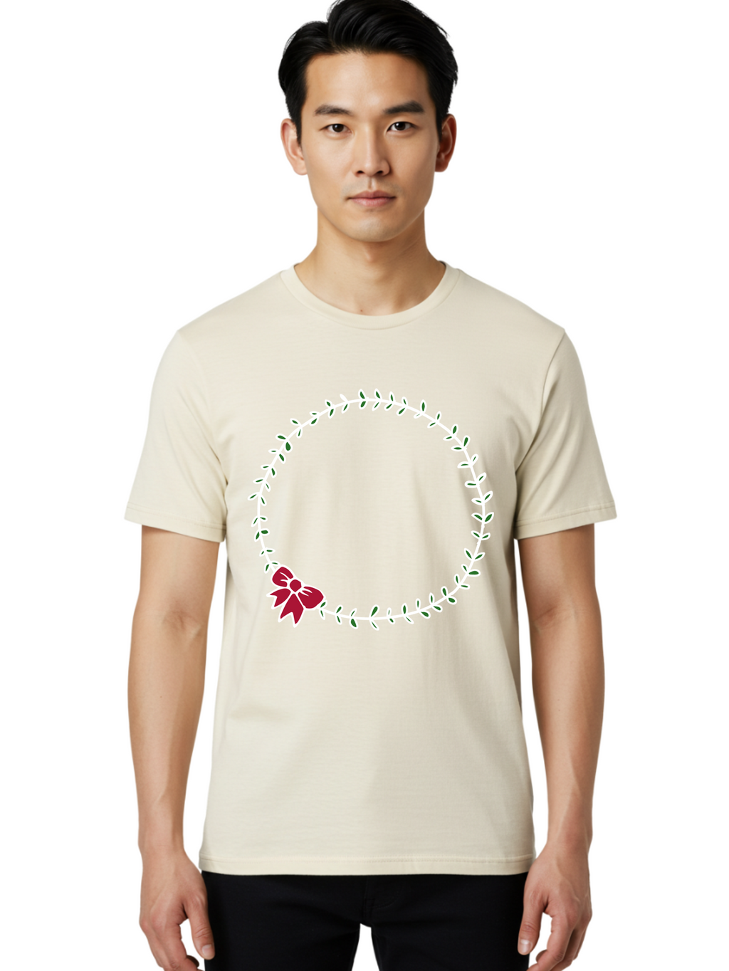 Circular-Wreath-With-Red-Bow Men'S Graphic Tee, 100% Cotton, Comfortable Casual Summer Wear, Machine Washable, Floral Wreath, White Leaves, Red Bow, Decorative Frame, Circular Design, Elegant Border, Festive Decoration, Minimalist Style, -  Aaa835