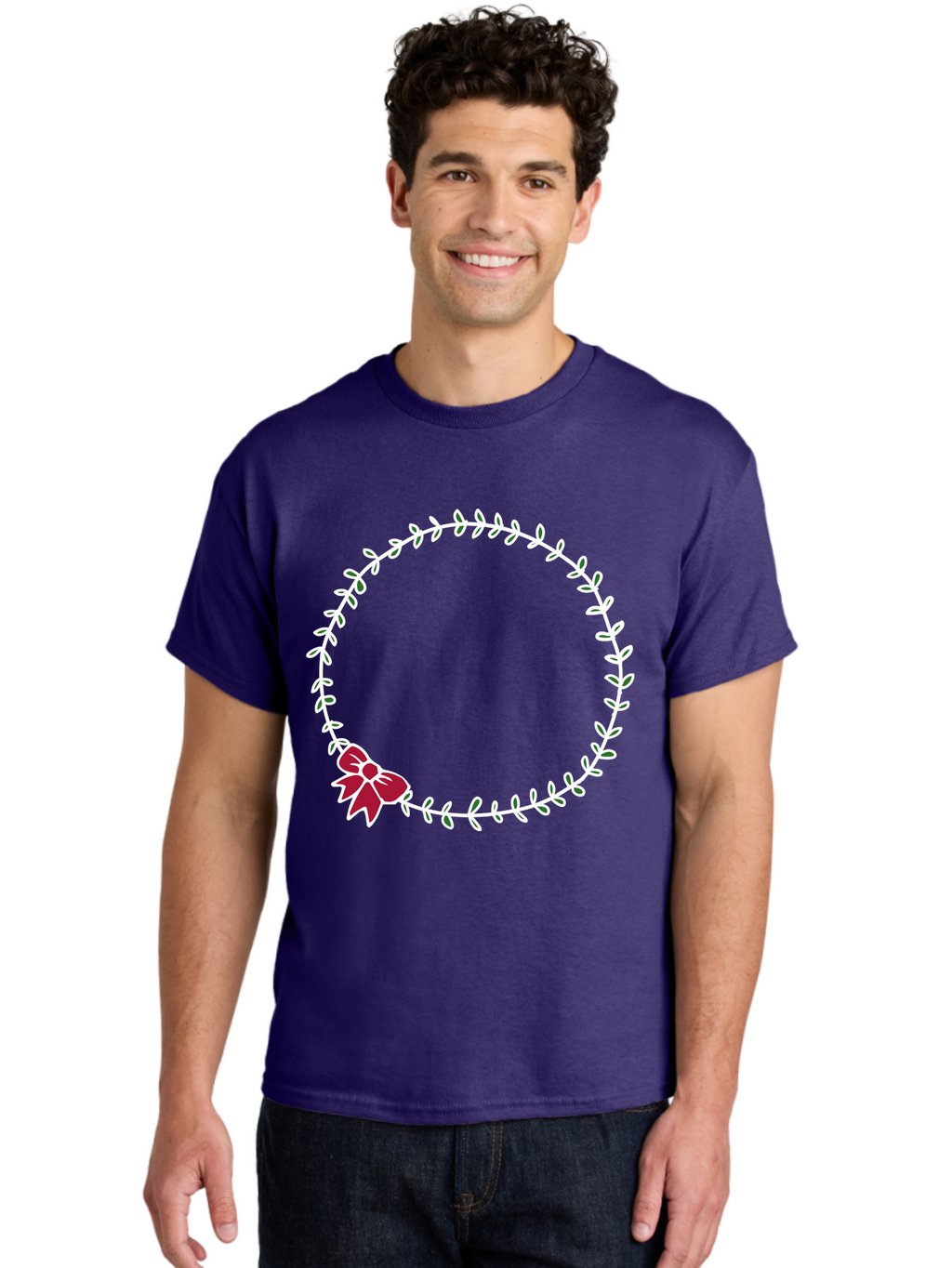 Circular-Wreath-With-Red-Bow Men'S Graphic Tee, 100% Cotton, Comfortable Casual Summer Wear, Machine Washable, Floral Wreath, White Leaves, Red Bow, Decorative Frame, Circular Design, Elegant Border, Festive Decoration, Minimalist Style, -  Aaa835