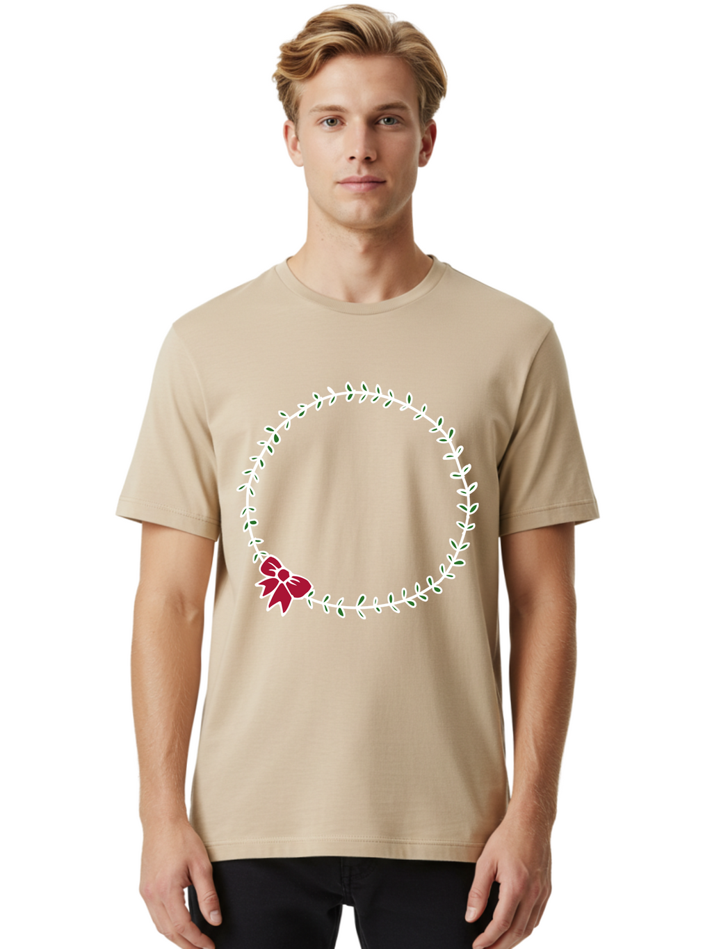 Circular-Wreath-With-Red-Bow Men'S Graphic Tee, 100% Cotton, Comfortable Casual Summer Wear, Machine Washable, Floral Wreath, White Leaves, Red Bow, Decorative Frame, Circular Design, Elegant Border, Festive Decoration, Minimalist Style, -  Aaa835