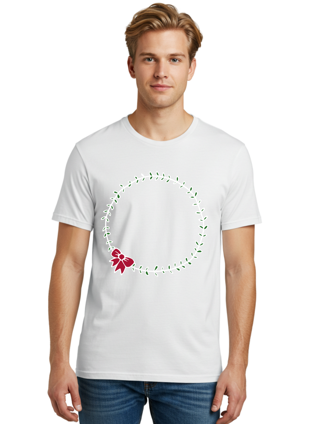 Circular-Wreath-With-Red-Bow Men'S Graphic Tee, 100% Cotton, Comfortable Casual Summer Wear, Machine Washable, Floral Wreath, White Leaves, Red Bow, Decorative Frame, Circular Design, Elegant Border, Festive Decoration, Minimalist Style, -  Aaa835