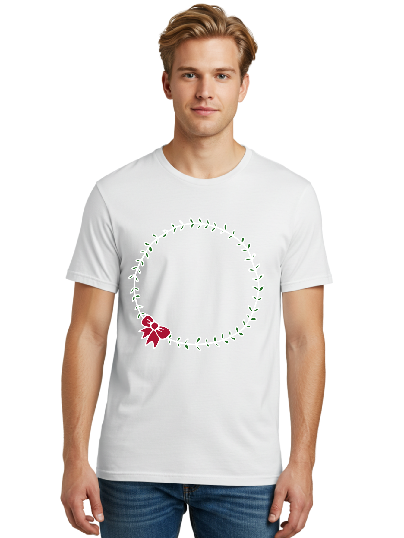 Circular-Wreath-With-Red-Bow Men'S Graphic Tee, 100% Cotton, Comfortable Casual Summer Wear, Machine Washable, Floral Wreath, White Leaves, Red Bow, Decorative Frame, Circular Design, Elegant Border, Festive Decoration, Minimalist Style, -  Aaa835