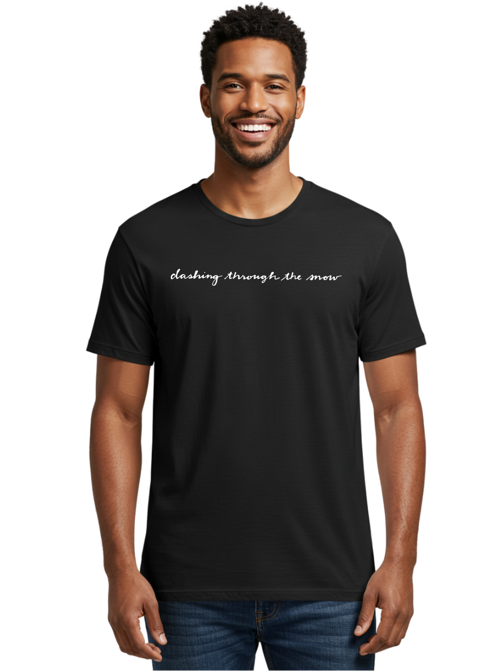 Clashing-Through-The-Snow Men'S Graphic Tee, 100% Cotton, Comfortable Casual Summer Wear, Machine Washable, Winter Phrase, Snow Text, Cursive Font, Inspirational Quote, Holiday Graphics, Winter Wonderland, Festive Typography -  Aaa836