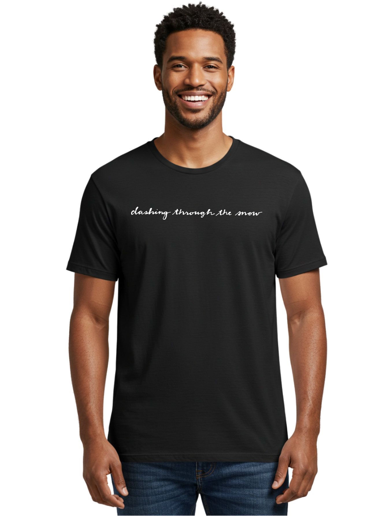 Clashing-Through-The-Snow Men'S Graphic Tee, 100% Cotton, Comfortable Casual Summer Wear, Machine Washable, Winter Phrase, Snow Text, Cursive Font, Inspirational Quote, Holiday Graphics, Winter Wonderland, Festive Typography -  Aaa836