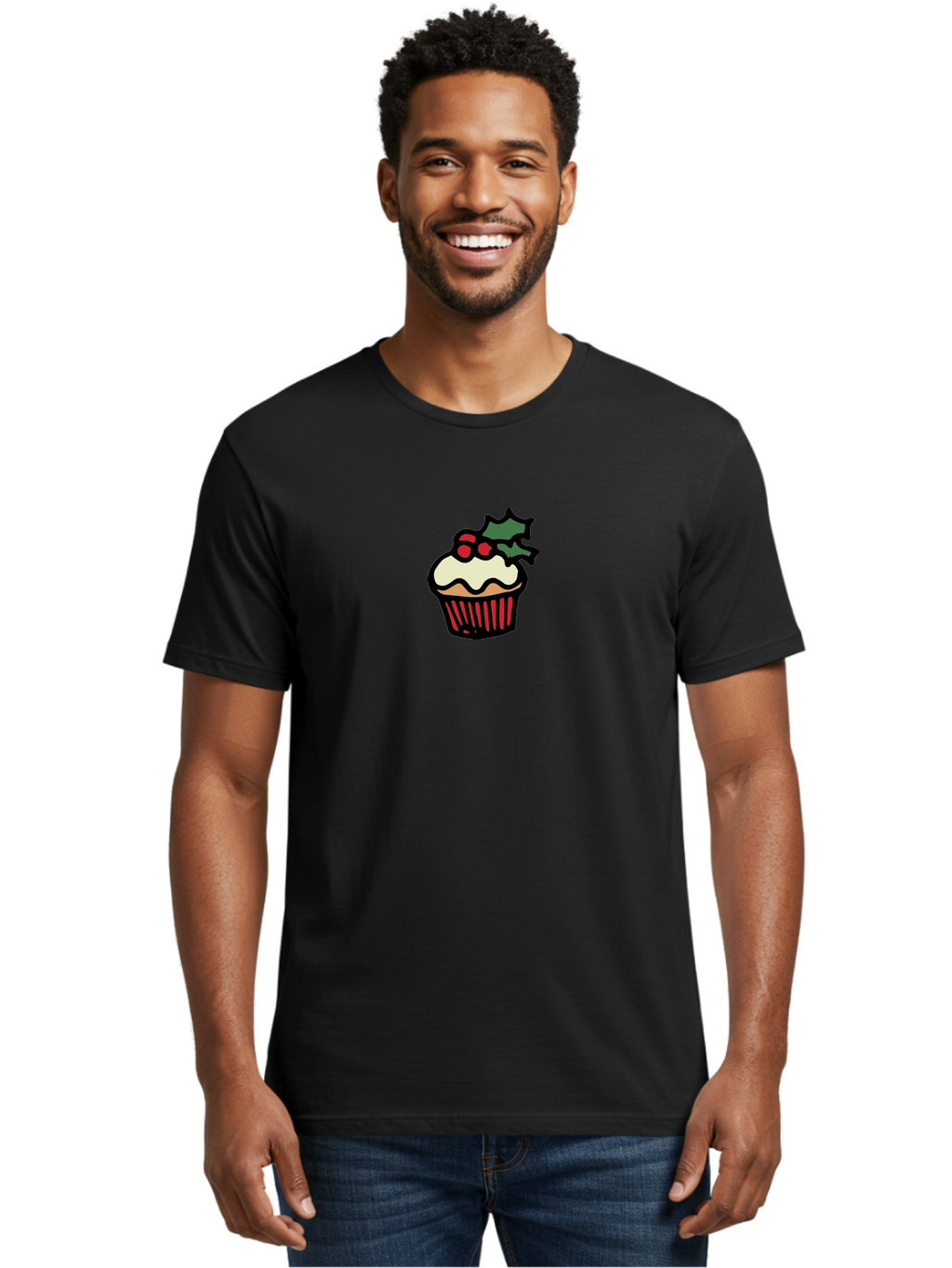 Cupcake-With-Holly Men'S Graphic Tee, 100% Cotton, Comfortable Casual Summer Wear, Machine Washable, Cupcake, Festive Dessert, Sweet Treats, Holiday Decorations, Holly Leaves, Red Berries, White Frosting, Cartoon Style, Dessert Illustration -  Aaa846