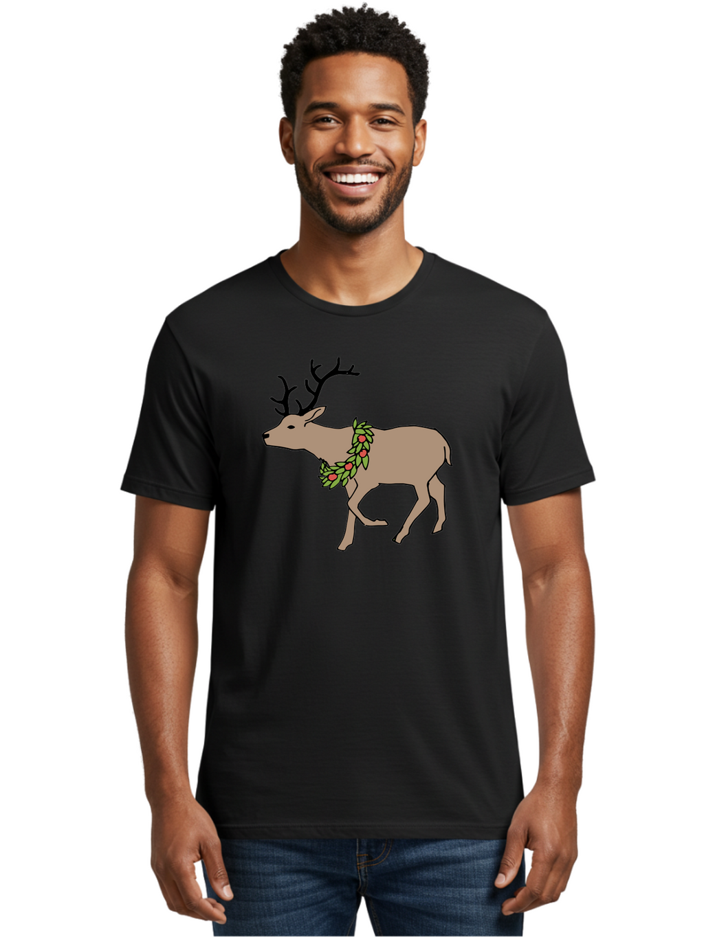 Deer-With-Holly Men'S Graphic Tee, 100% Cotton, Comfortable Casual Summer Wear, Machine Washable, Reindeer With Holly Wreath, Festive Deer, Christmas Reindeer, Holly Berries, Winter Season, Holiday Graphics, Cartoon Deer -  Aaa852