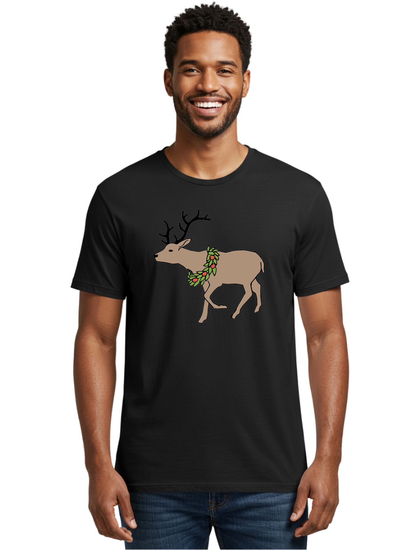 Deer-With-Holly Men'S Graphic Tee, 100% Cotton, Comfortable Casual Summer Wear, Machine Washable, Reindeer With Holly Wreath, Festive Deer, Christmas Reindeer, Holly Berries, Winter Season, Holiday Graphics, Cartoon Deer -  Aaa852