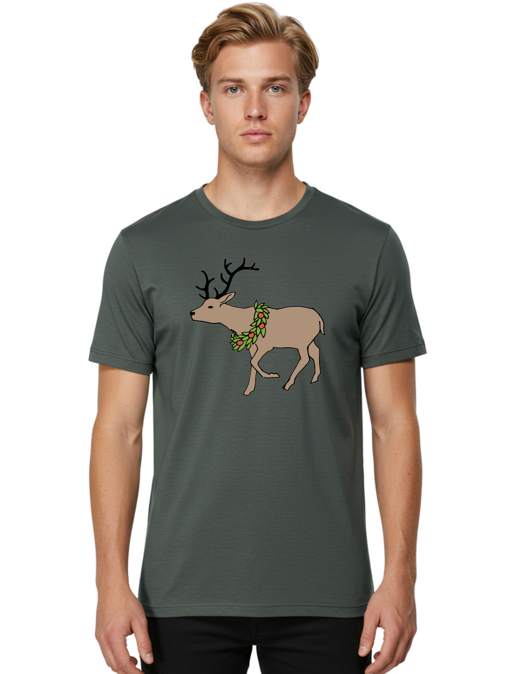 Deer-With-Holly Men'S Graphic Tee, 100% Cotton, Comfortable Casual Summer Wear, Machine Washable, Reindeer With Holly Wreath, Festive Deer, Christmas Reindeer, Holly Berries, Winter Season, Holiday Graphics, Cartoon Deer -  Aaa852