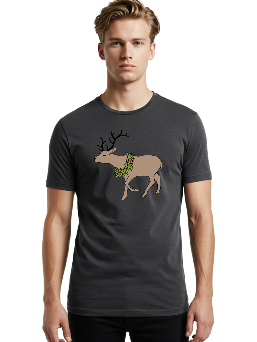 Deer-With-Holly Men'S Graphic Tee, 100% Cotton, Comfortable Casual Summer Wear, Machine Washable, Reindeer With Holly Wreath, Festive Deer, Christmas Reindeer, Holly Berries, Winter Season, Holiday Graphics, Cartoon Deer -  Aaa852