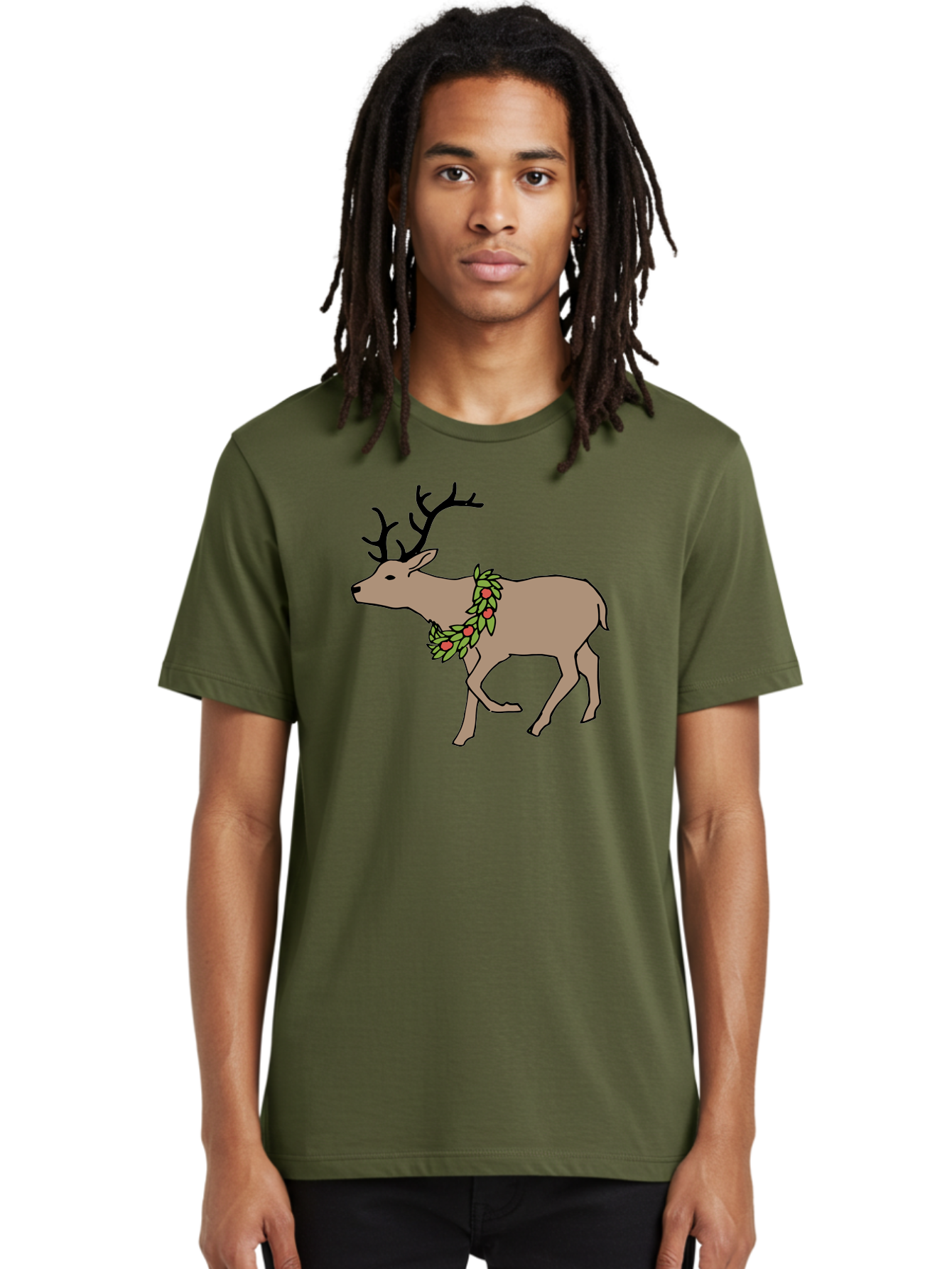 Deer-With-Holly Men'S Graphic Tee, 100% Cotton, Comfortable Casual Summer Wear, Machine Washable, Reindeer With Holly Wreath, Festive Deer, Christmas Reindeer, Holly Berries, Winter Season, Holiday Graphics, Cartoon Deer -  Aaa852