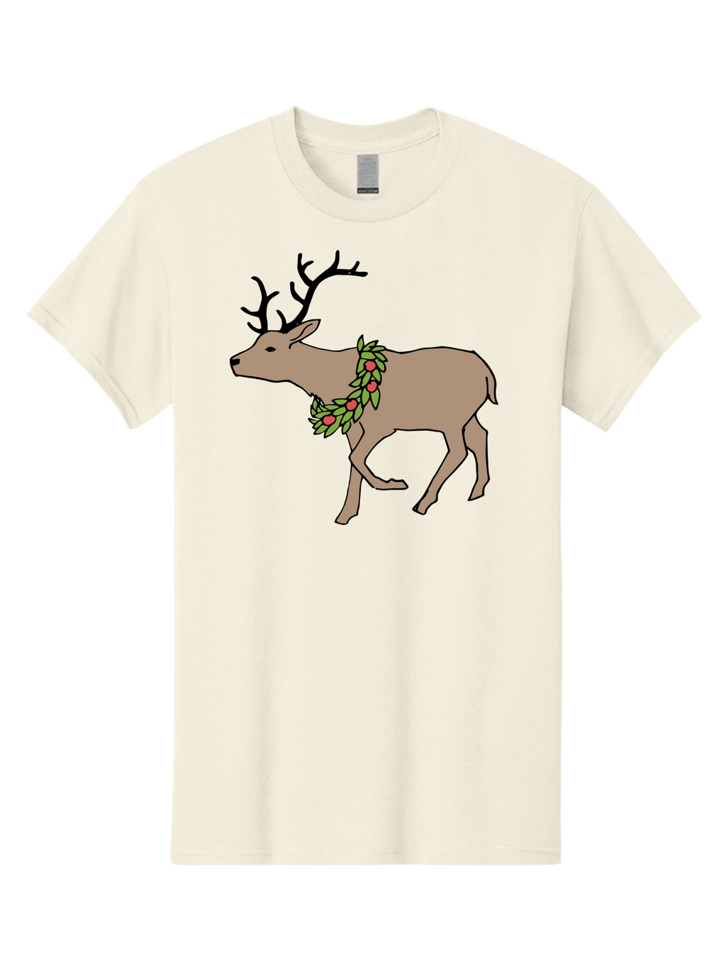Deer-With-Holly Men'S Graphic Tee, 100% Cotton, Comfortable Casual Summer Wear, Machine Washable, Reindeer With Holly Wreath, Festive Deer, Christmas Reindeer, Holly Berries, Winter Season, Holiday Graphics, Cartoon Deer -  Aaa852