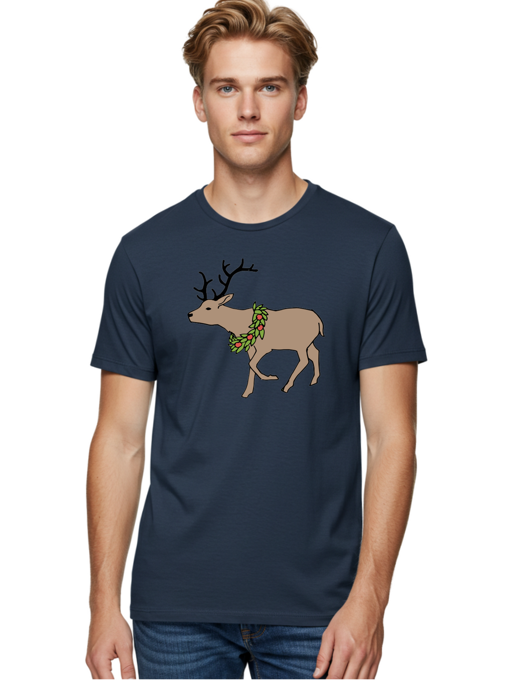 Deer-With-Holly Men'S Graphic Tee, 100% Cotton, Comfortable Casual Summer Wear, Machine Washable, Reindeer With Holly Wreath, Festive Deer, Christmas Reindeer, Holly Berries, Winter Season, Holiday Graphics, Cartoon Deer -  Aaa852