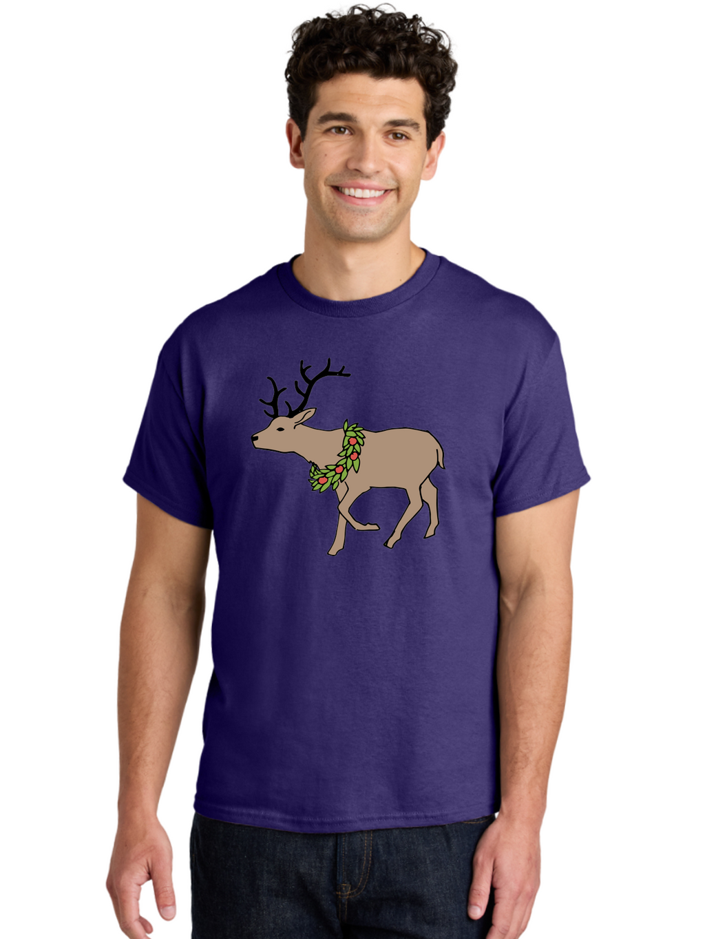 Deer-With-Holly Men'S Graphic Tee, 100% Cotton, Comfortable Casual Summer Wear, Machine Washable, Reindeer With Holly Wreath, Festive Deer, Christmas Reindeer, Holly Berries, Winter Season, Holiday Graphics, Cartoon Deer -  Aaa852