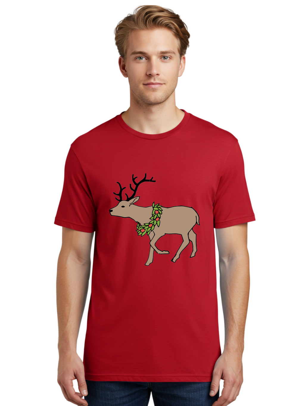 Deer-With-Holly Men'S Graphic Tee, 100% Cotton, Comfortable Casual Summer Wear, Machine Washable, Reindeer With Holly Wreath, Festive Deer, Christmas Reindeer, Holly Berries, Winter Season, Holiday Graphics, Cartoon Deer -  Aaa852
