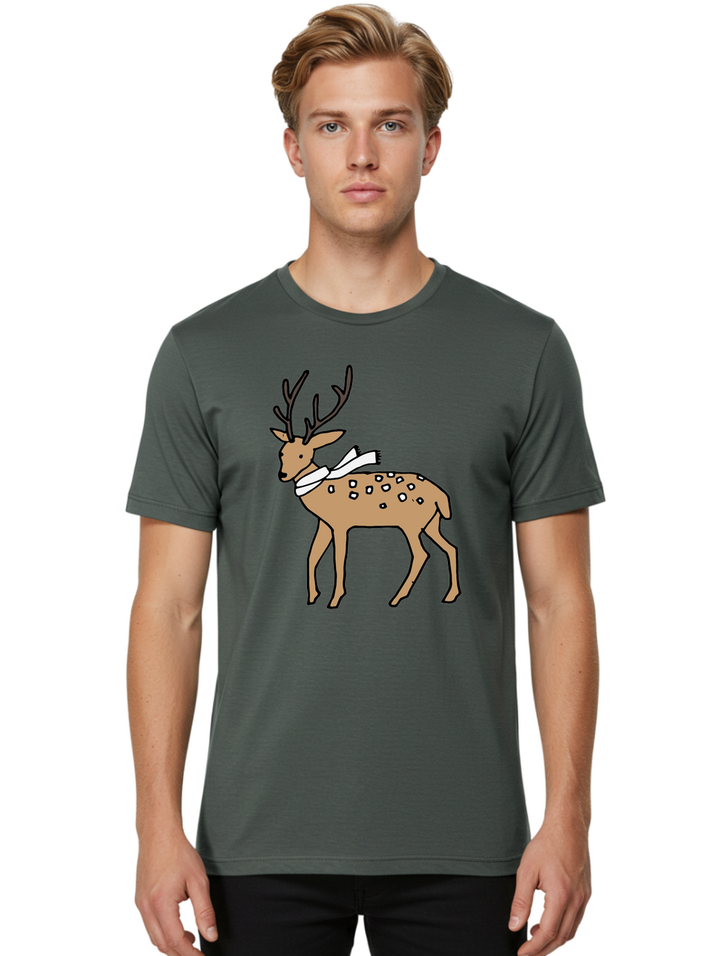 Deer-With-Scarf Men'S Graphic Tee, 100% Cotton, Comfortable Casual Summer Wear, Machine Washable, Cartoon Deer, Brown Deer, White Scarf, Black Spots, Festive Animal, Winter Illustration, Holiday Character, Deer Illustration, Scarf Wrapped, -  Aaa853