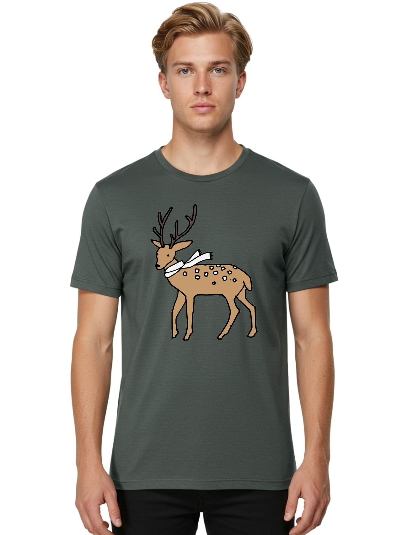 Deer-With-Scarf Men'S Graphic Tee, 100% Cotton, Comfortable Casual Summer Wear, Machine Washable, Cartoon Deer, Brown Deer, White Scarf, Black Spots, Festive Animal, Winter Illustration, Holiday Character, Deer Illustration, Scarf Wrapped, -  Aaa853