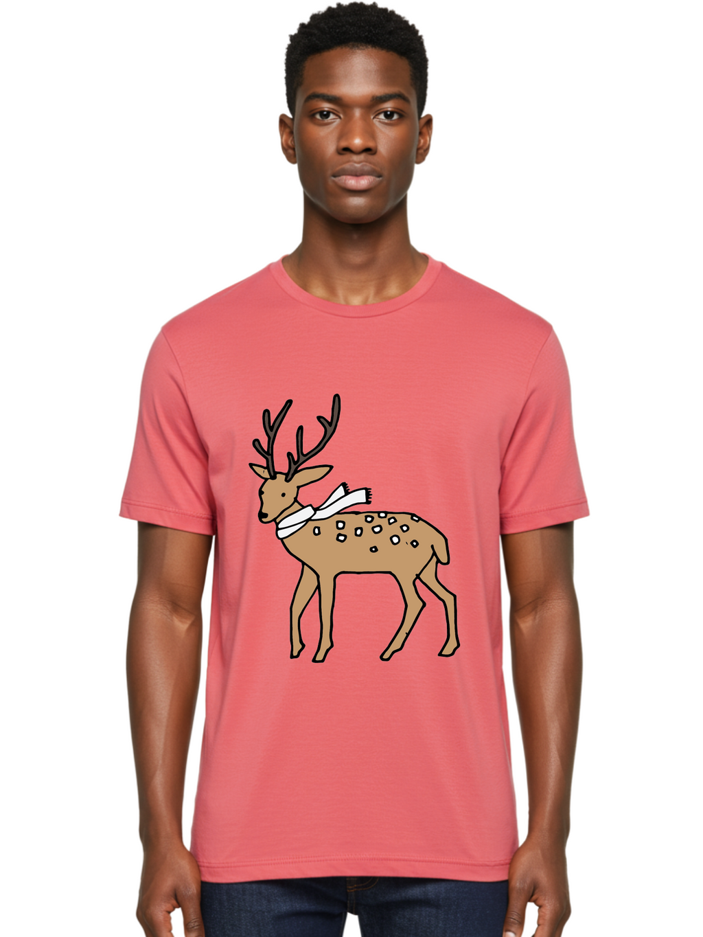 Deer-With-Scarf Men'S Graphic Tee, 100% Cotton, Comfortable Casual Summer Wear, Machine Washable, Cartoon Deer, Brown Deer, White Scarf, Black Spots, Festive Animal, Winter Illustration, Holiday Character, Deer Illustration, Scarf Wrapped, -  Aaa853