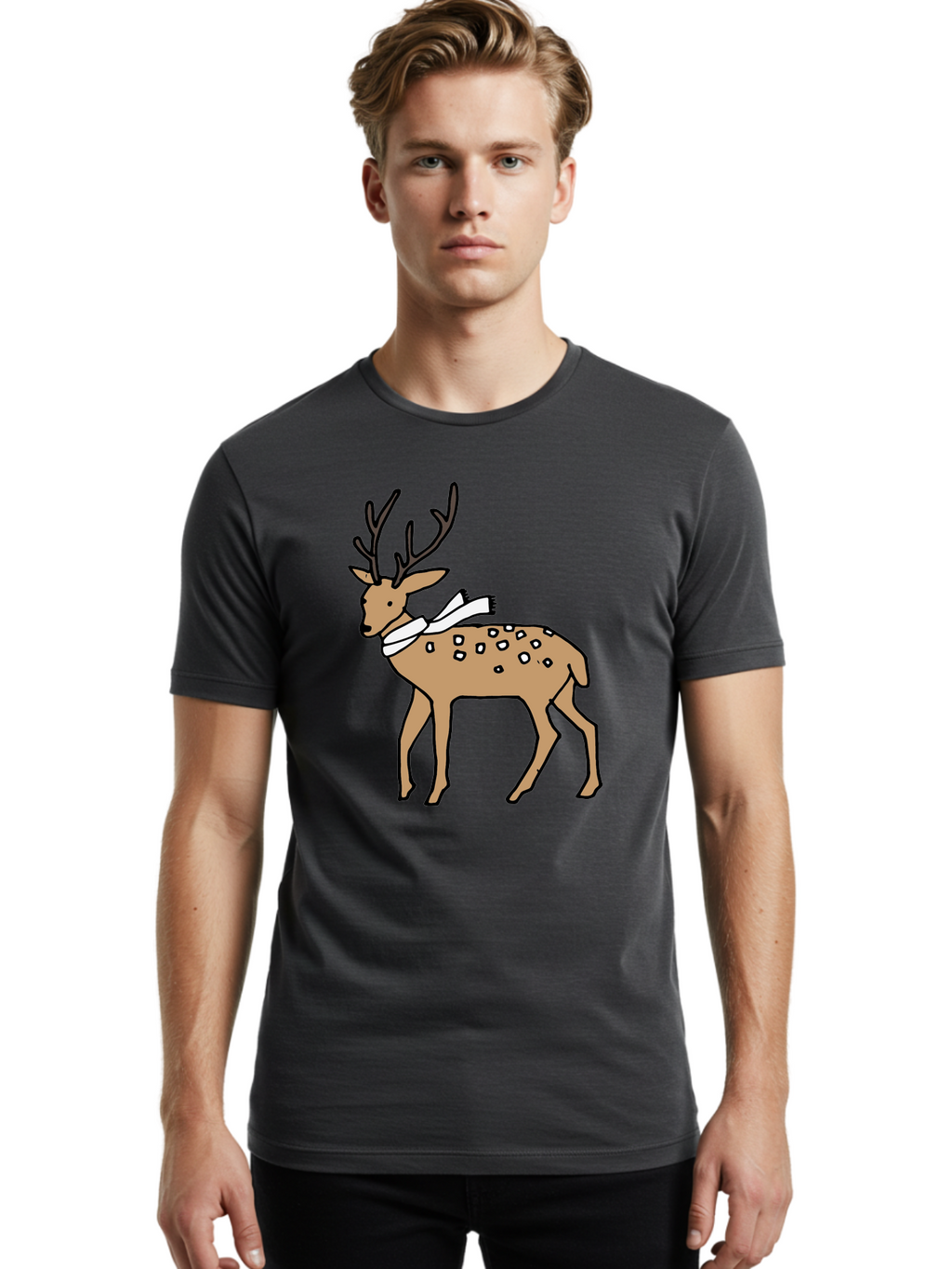 Deer-With-Scarf Men'S Graphic Tee, 100% Cotton, Comfortable Casual Summer Wear, Machine Washable, Cartoon Deer, Brown Deer, White Scarf, Black Spots, Festive Animal, Winter Illustration, Holiday Character, Deer Illustration, Scarf Wrapped, -  Aaa853