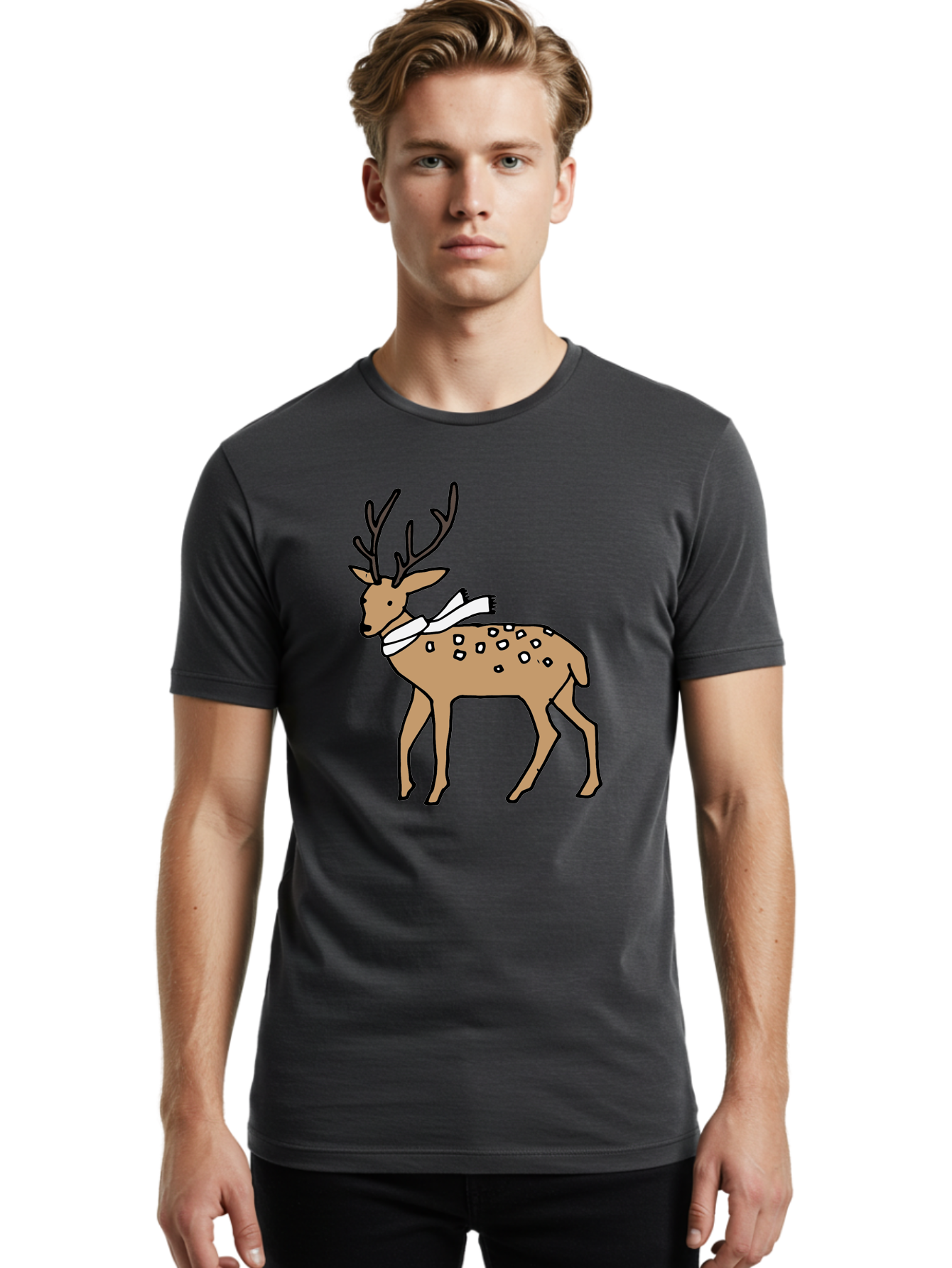 Deer-With-Scarf Men'S Graphic Tee, 100% Cotton, Comfortable Casual Summer Wear, Machine Washable, Cartoon Deer, Brown Deer, White Scarf, Black Spots, Festive Animal, Winter Illustration, Holiday Character, Deer Illustration, Scarf Wrapped, -  Aaa853
