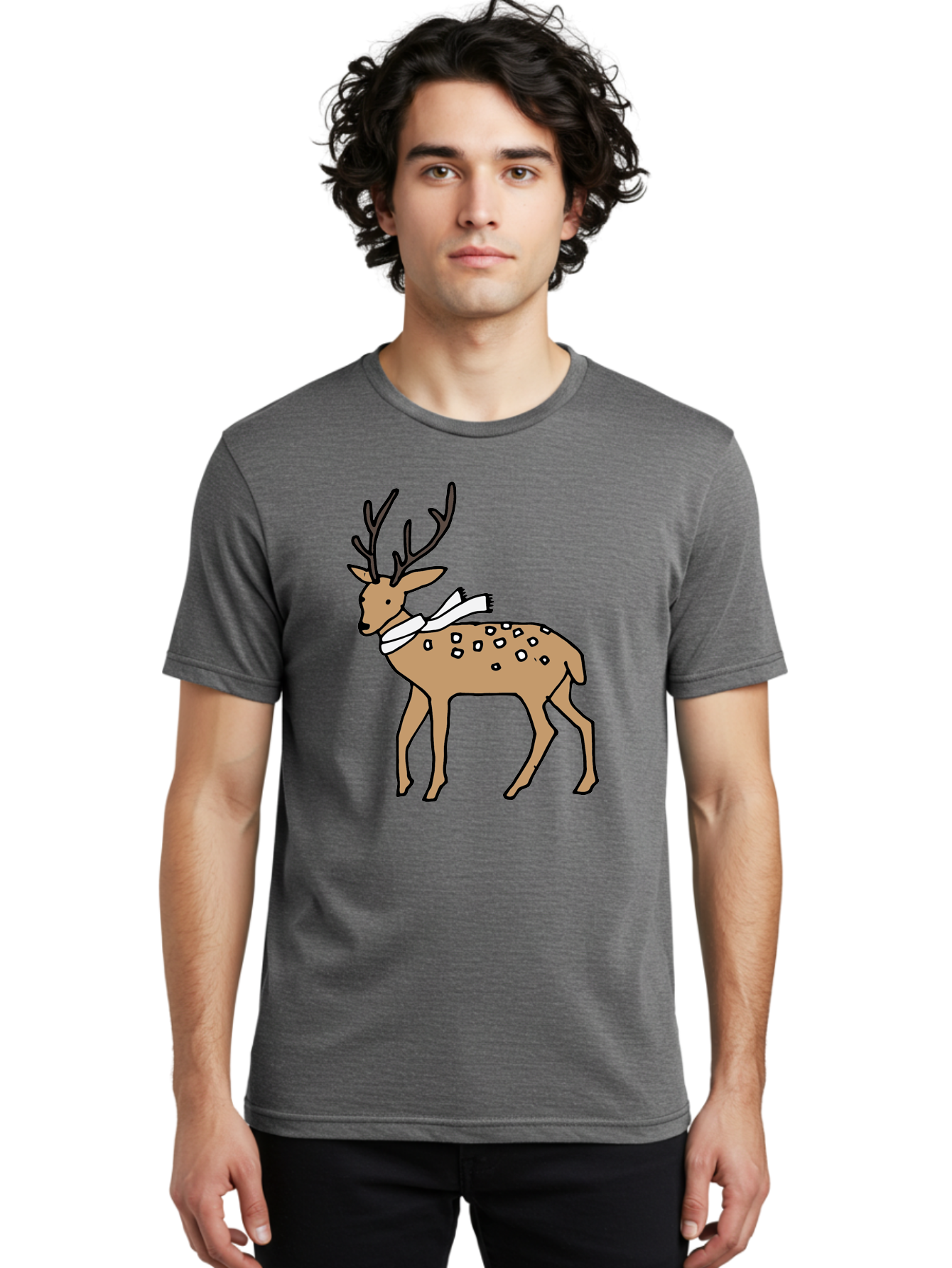 Deer-With-Scarf Men'S Graphic Tee, 100% Cotton, Comfortable Casual Summer Wear, Machine Washable, Cartoon Deer, Brown Deer, White Scarf, Black Spots, Festive Animal, Winter Illustration, Holiday Character, Deer Illustration, Scarf Wrapped, -  Aaa853