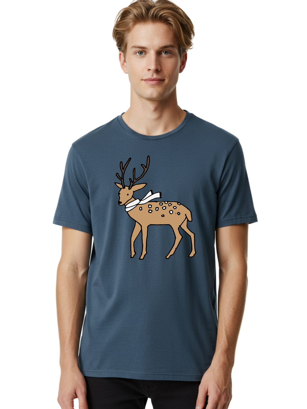Deer-With-Scarf Men'S Graphic Tee, 100% Cotton, Comfortable Casual Summer Wear, Machine Washable, Cartoon Deer, Brown Deer, White Scarf, Black Spots, Festive Animal, Winter Illustration, Holiday Character, Deer Illustration, Scarf Wrapped, -  Aaa853