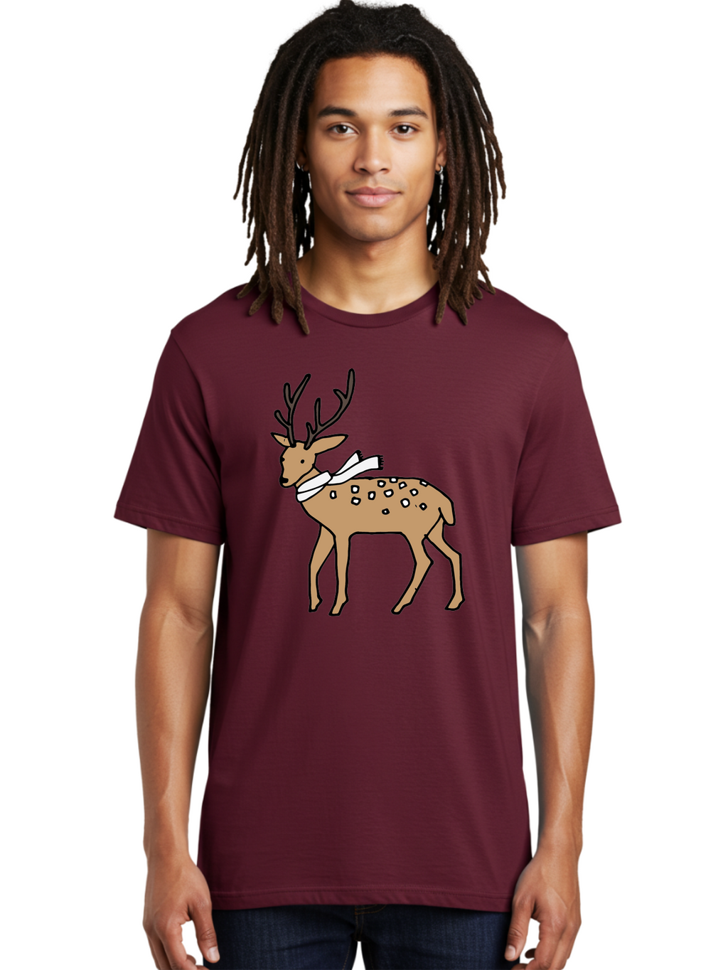 Deer-With-Scarf Men'S Graphic Tee, 100% Cotton, Comfortable Casual Summer Wear, Machine Washable, Cartoon Deer, Brown Deer, White Scarf, Black Spots, Festive Animal, Winter Illustration, Holiday Character, Deer Illustration, Scarf Wrapped, -  Aaa853