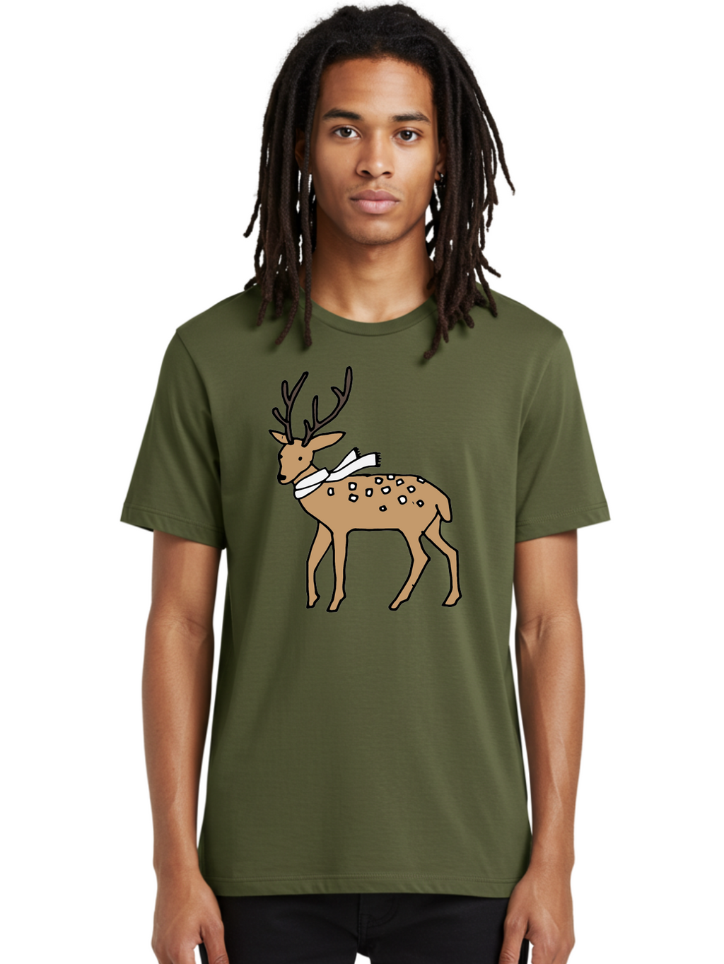 Deer-With-Scarf Men'S Graphic Tee, 100% Cotton, Comfortable Casual Summer Wear, Machine Washable, Cartoon Deer, Brown Deer, White Scarf, Black Spots, Festive Animal, Winter Illustration, Holiday Character, Deer Illustration, Scarf Wrapped, -  Aaa853